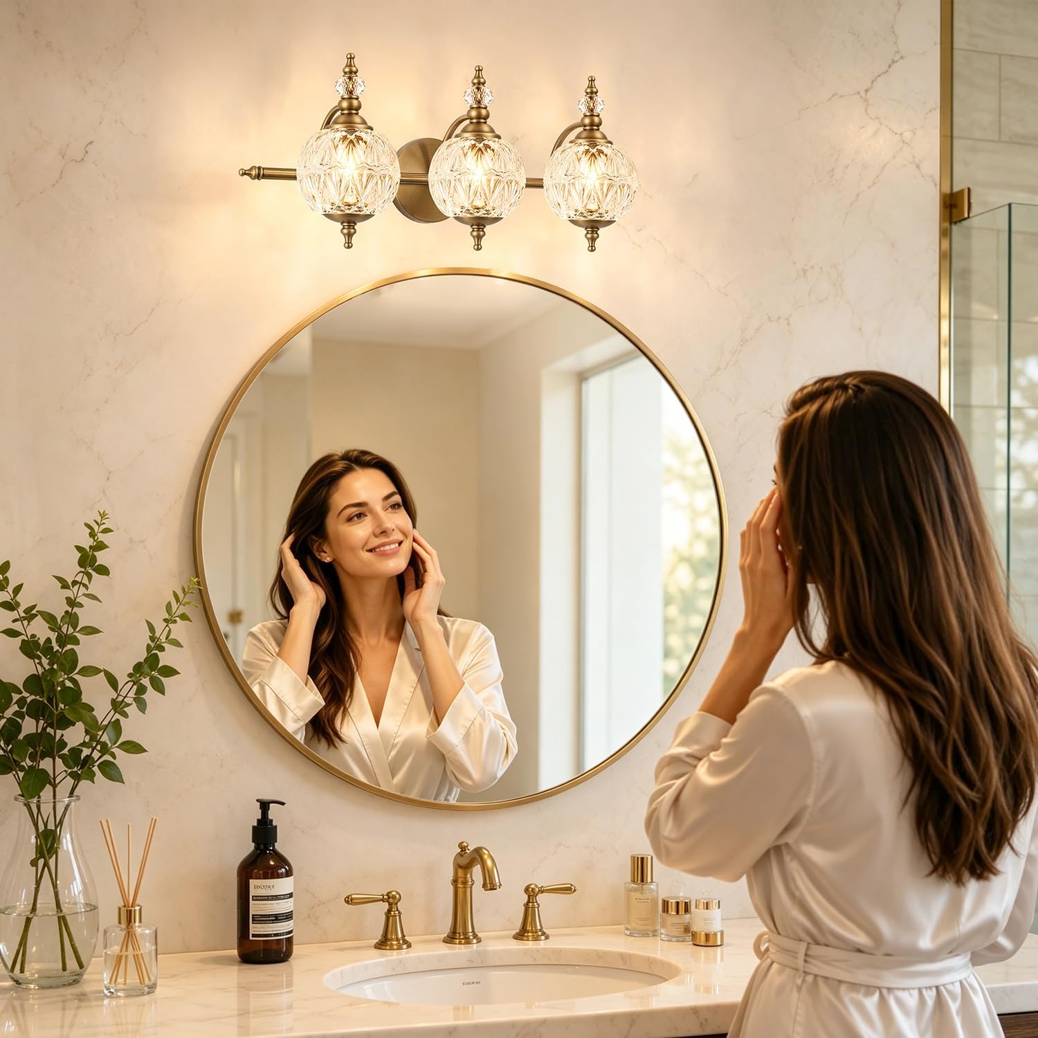 Brushed Antique Brass Bathroom Vanity Light Fixture Vintage Style - 3 Light G9 Bulb Compatible, 23' Wide Bathroom Lighting Over Mirror with Hand-Etched Glass Shades, Easy Mount for Makeup Area