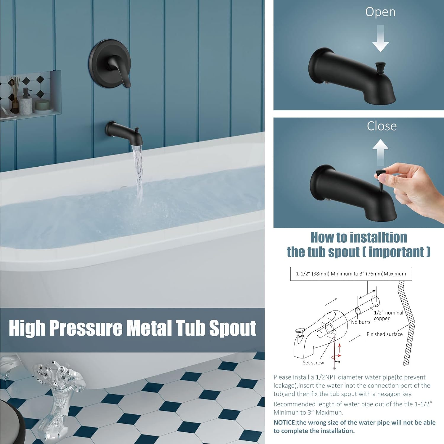 Aolemi Shower Faucet Set with Tub Spout Rain Shower Head System Shower Trim Kit Pressure Rough-in Valve Included ABS 8 Setting Dual Shower Head and Handheld Spray Matte Black