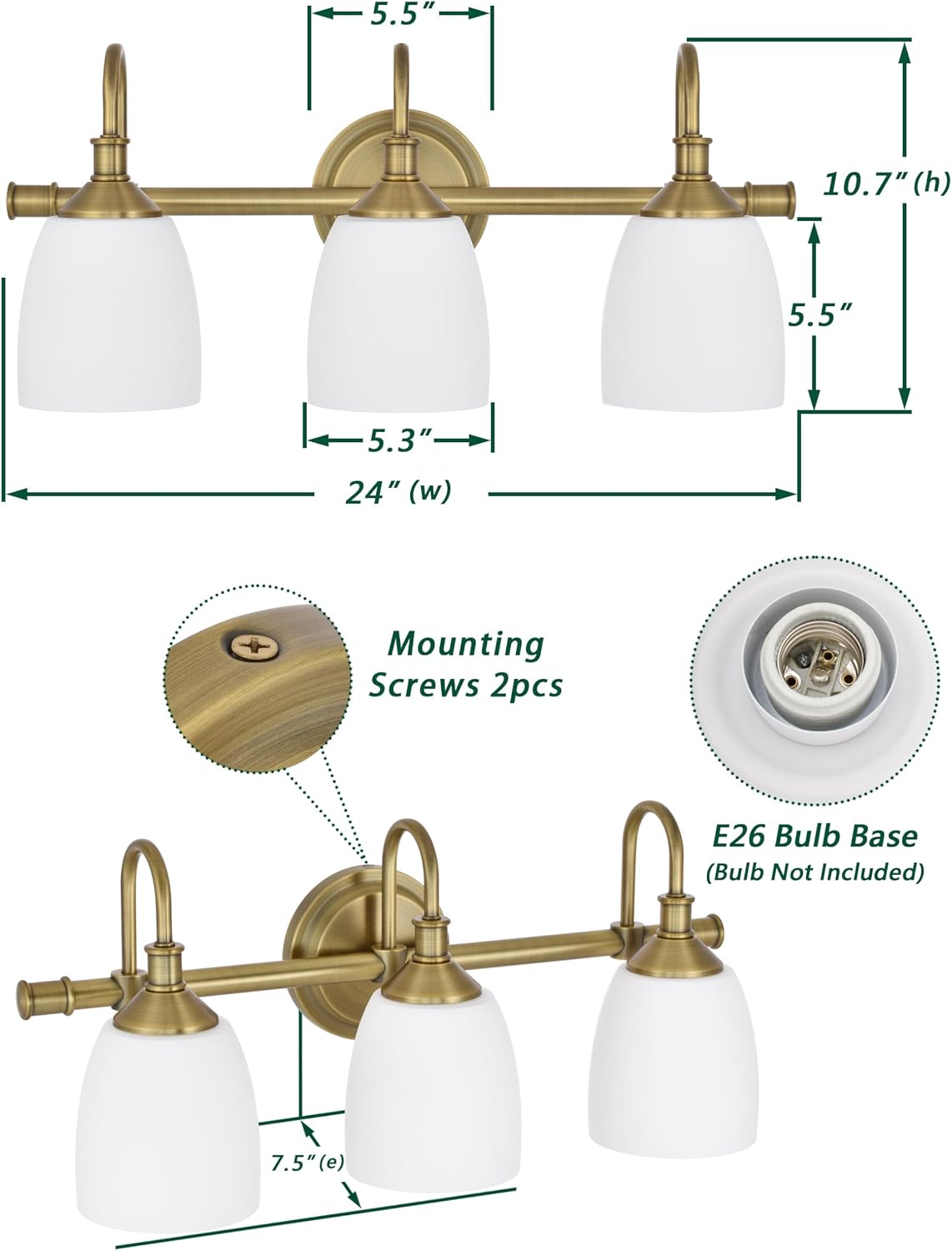 3-Light Champagne Bronze Bathroom Vanity Light Fixtures Over Mirror, Vintage Vanity Lights for Living Room, Milk White Glass Shades, Standard E26 Base