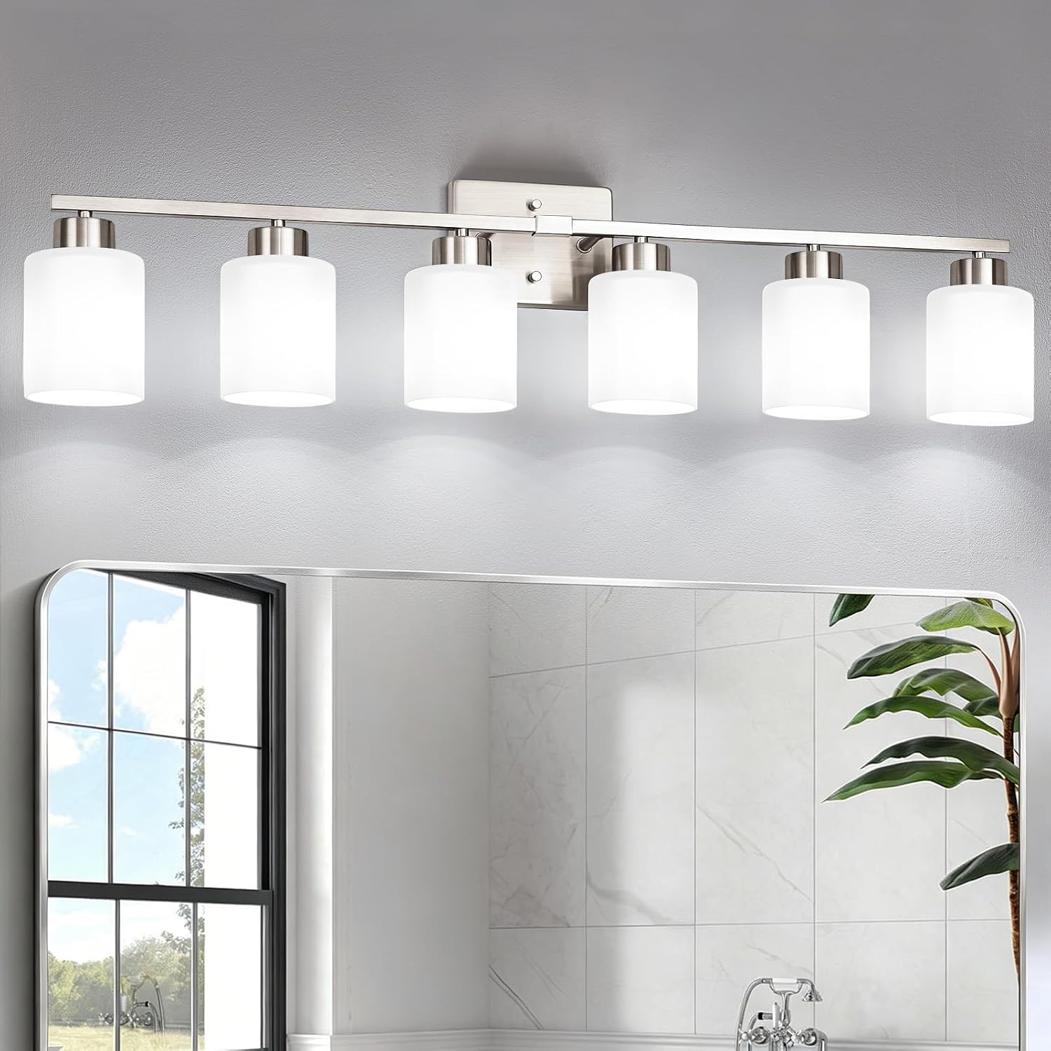 FonmYim Brushed Nickel Bathroom Light Fixtures, 6-Light Modern Vanity Light Over Mirror, Wall Sconces with Milky White Frosted Glass Shades, E26 Socket (Bulbs Not Included)
