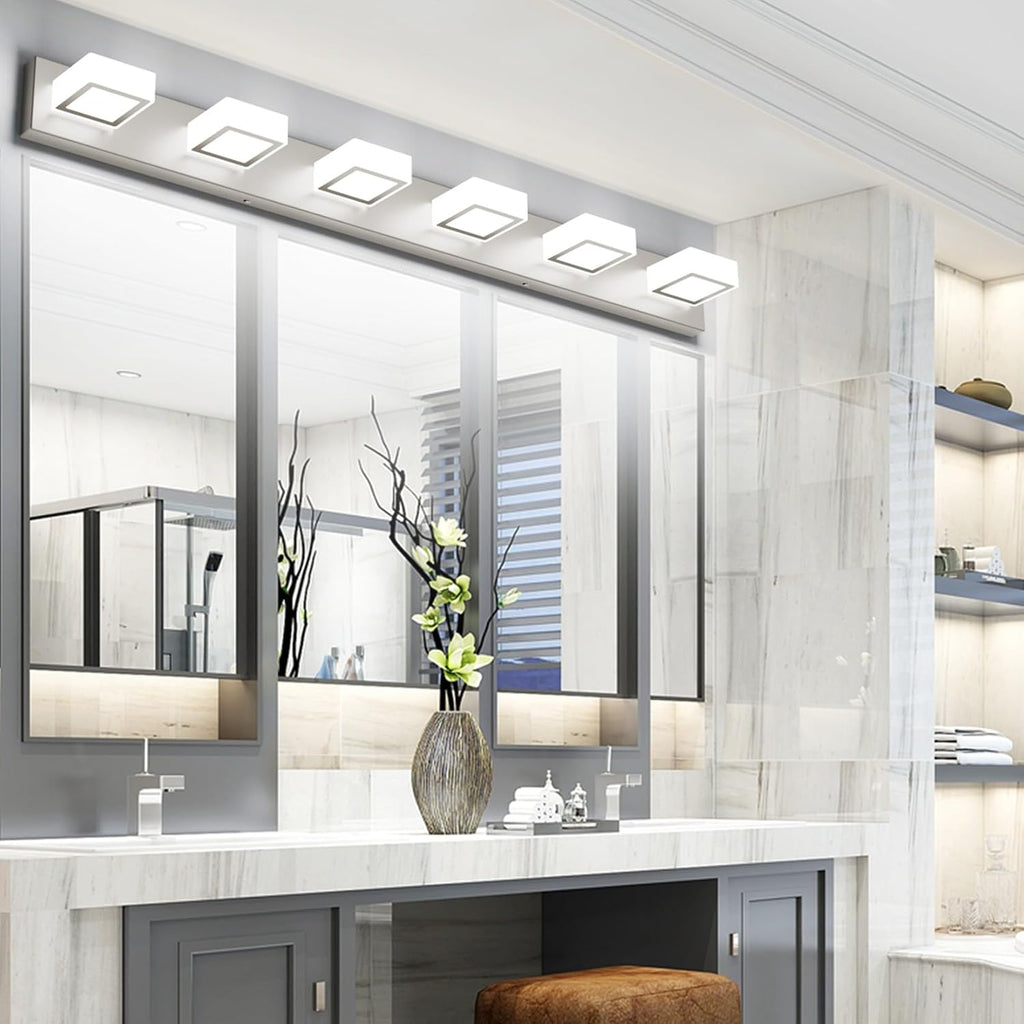 Ralbay Brushed Nickel Bathroom Vanity Lights 48inch Metal Acrylic LED Modern Bathroom Wall Lighting Fixtures Over Mirror Brushed Nickel (White Light 6000K, Non-dimmable)