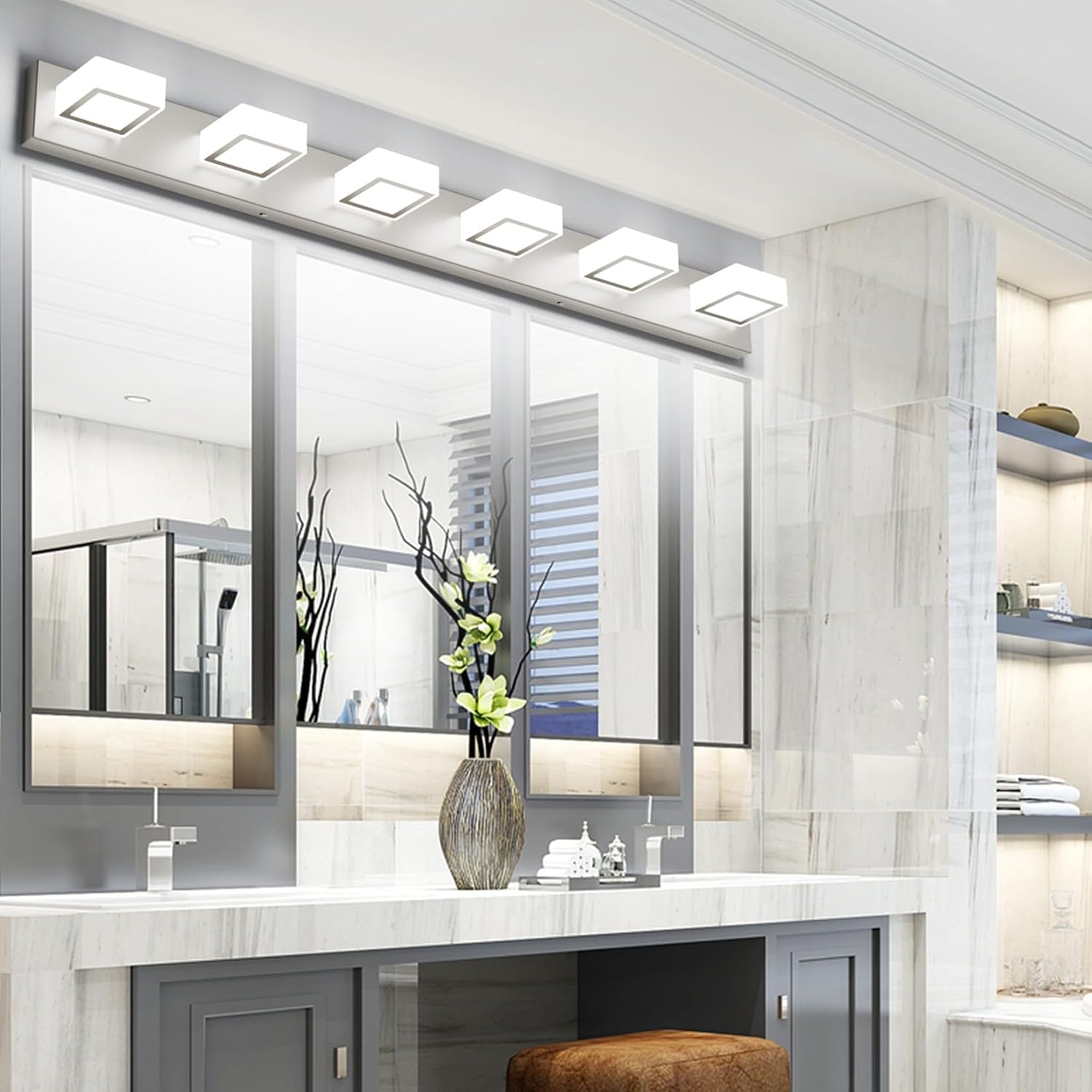 Ralbay Brushed Nickel Bathroom Vanity Lights 48inch Metal Acrylic LED Modern Bathroom Wall Lighting Fixtures Over Mirror Brushed Nickel (White Light 6000K, Non-dimmable)