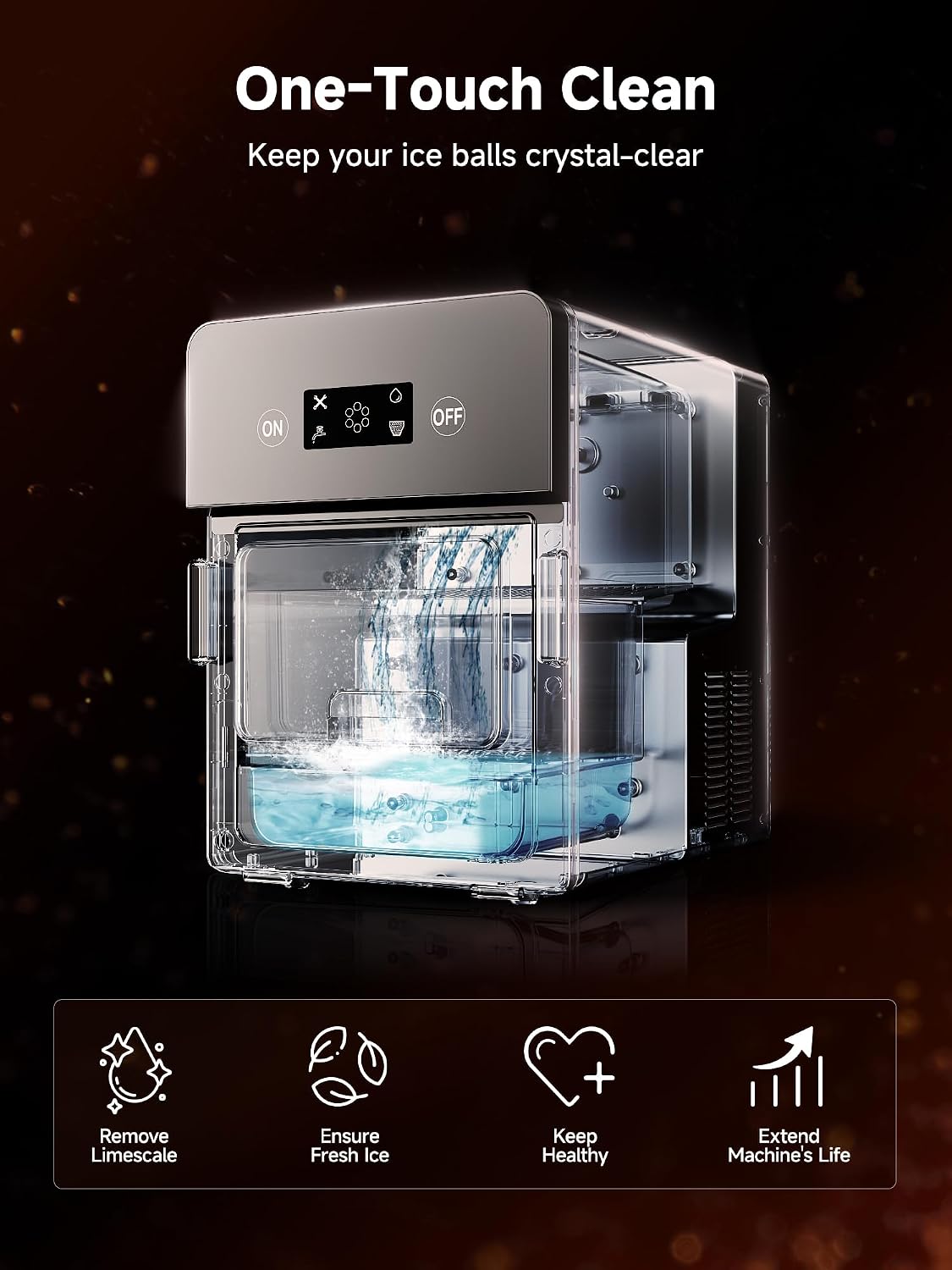 2' Clear Ice Ball Maker with ClearCore Technology, 150 pcs/Day, 4 pcs in 38 Mins, Sphere Ice Maker with Enhanced Insulation, Self-Cleaning, Automatic Water Supply for Whiskey & Bourbon