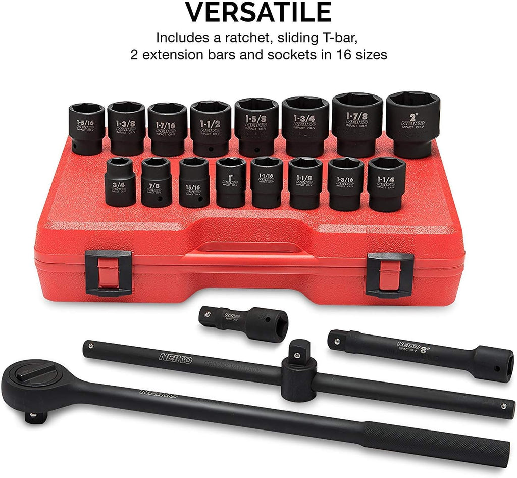 NEIKO 02379A 3/4' Drive Jumbo Impact Socket Set | 21 Piece | Shallow | SAE | Sizes 3/4' to 2' | Cr-V Steel