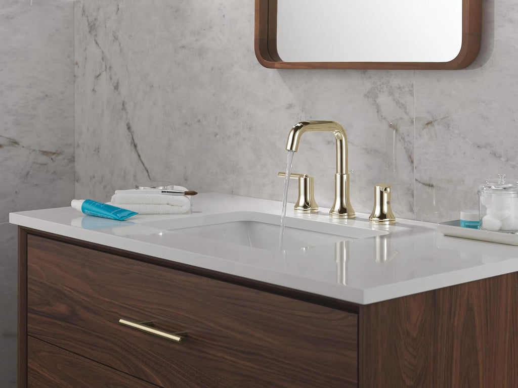 Delta Trinsic U-Spout Widespread Bathroom Faucet, Polished Nickel 3-Hole Bathroom Sink Faucet, Metal Push-Pop Drain Assembly, Polished Nickel 3554-PNMPU-DST