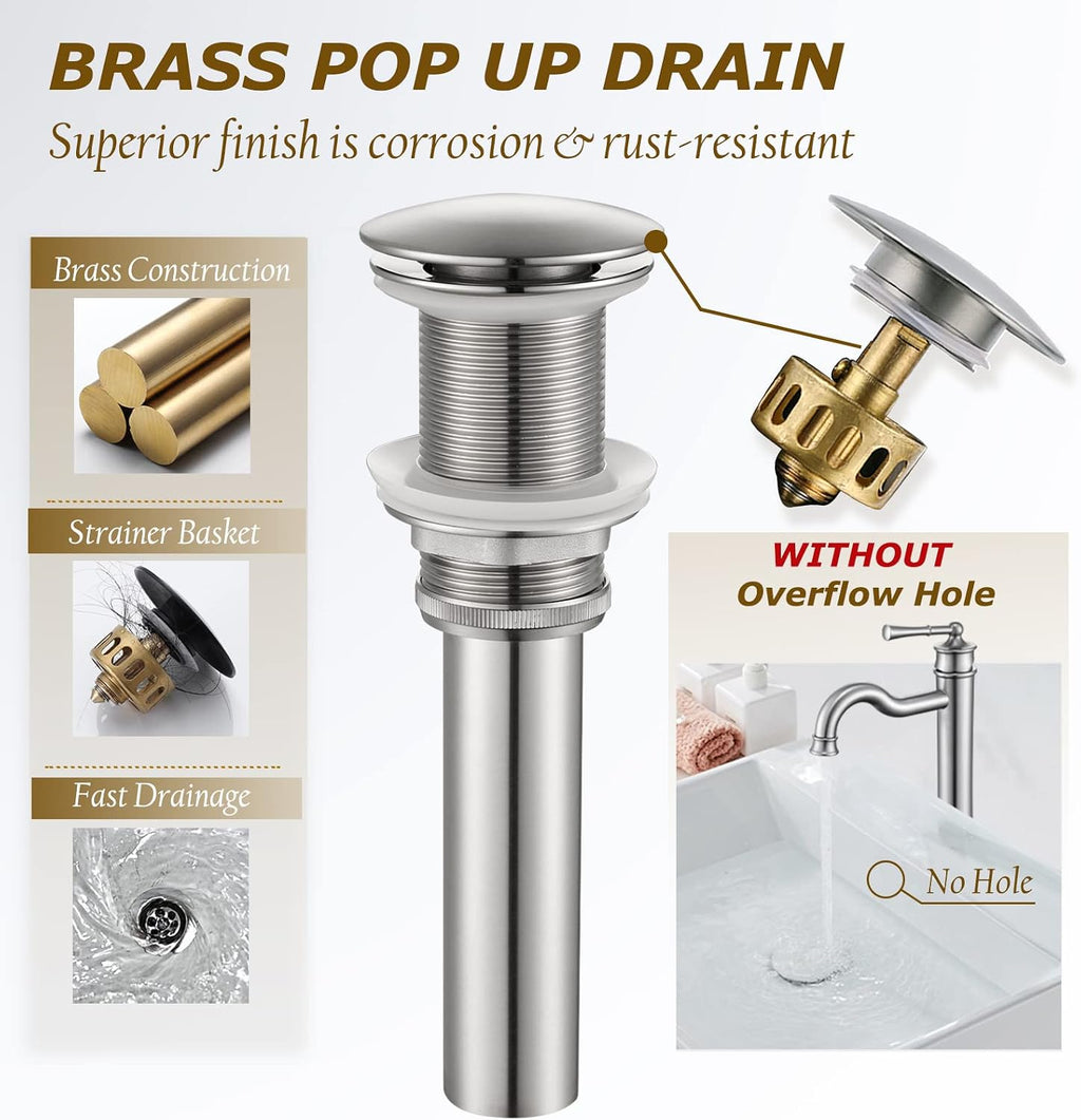 Vessel Sink Faucet Brushed Nickel Bathroom Tall Faucet Single Hole Deck-Mount Pop up Drain Assembly Without Overflow Water Supply Lines Included