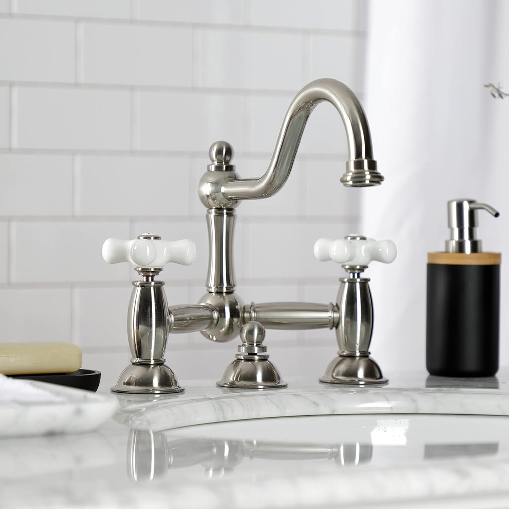 Kingston Brass KS3918PX Restoration Bathroom Bridge Faucet, Brushed Nickel