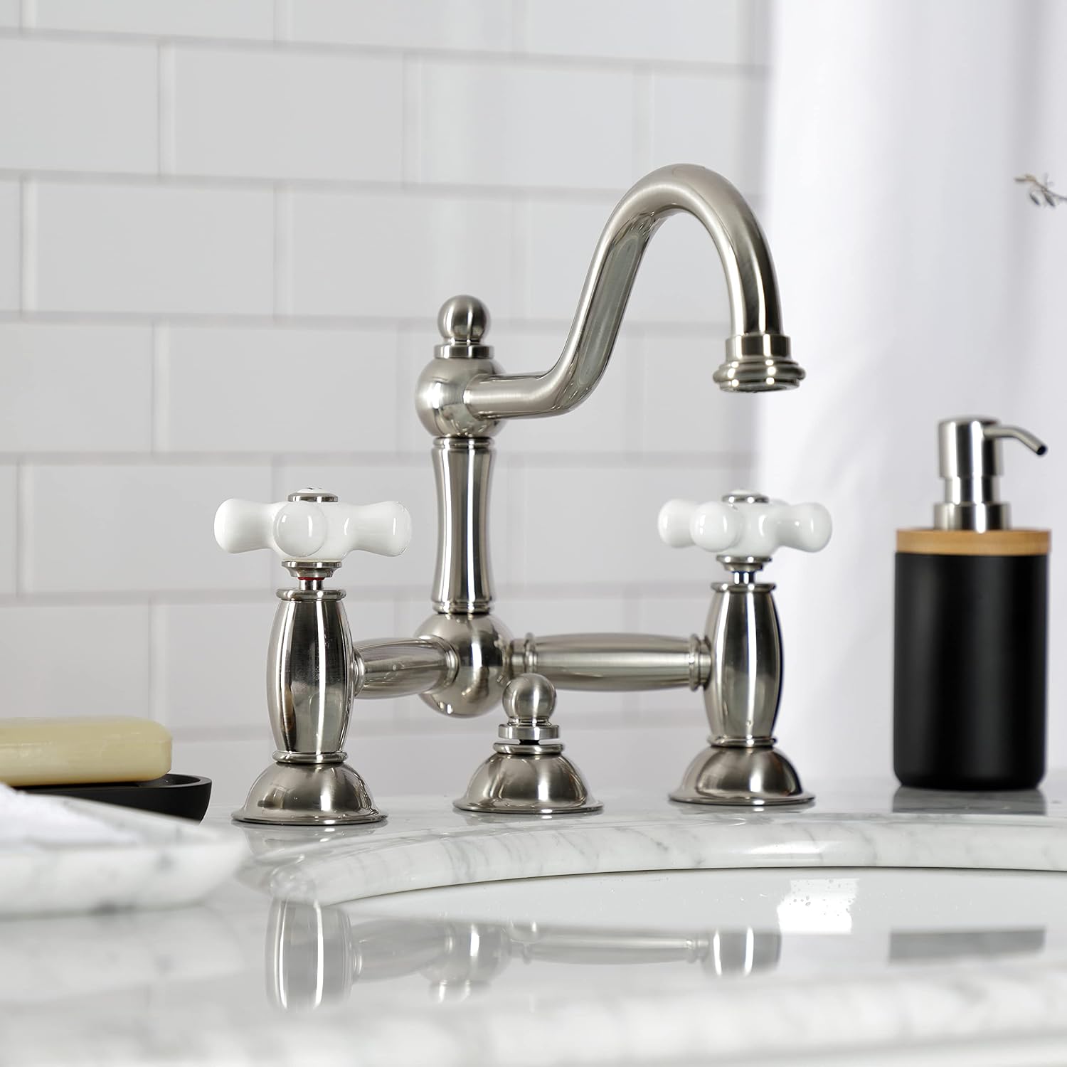 Kingston Brass KS3918PX Restoration Bathroom Bridge Faucet, Brushed Nickel