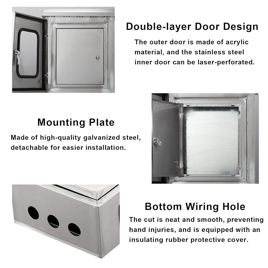 Electrical Junction Box with Double Doors, Stainless Steel Electrical Distribution Enclosure with Mounting Base Plate and Viewing Window, for Industrial/Commercial Installation(40x50x20cm)