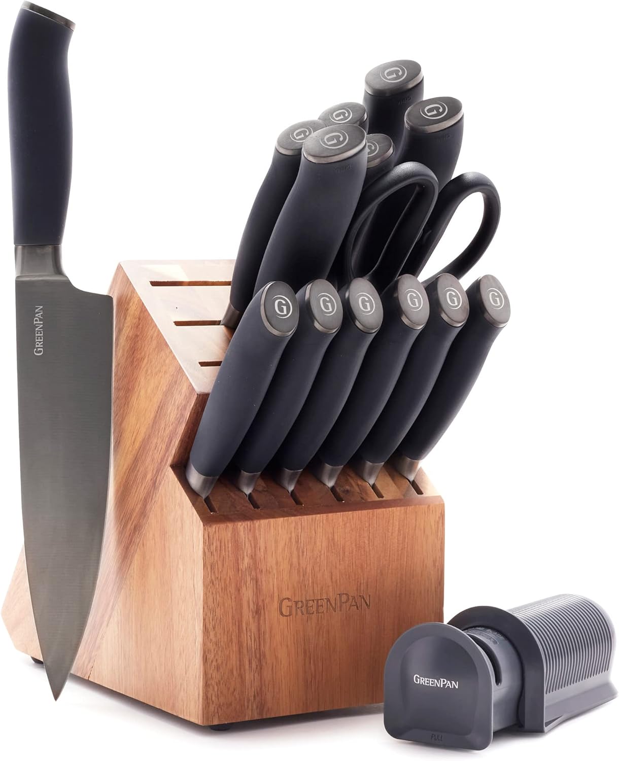 GreenPan 16-Piece Knife Block Set, Professional Stainless Steel Blades with Titanium Coating, Ultra-Sharp Kitchen Cutlery, Chef, Santoku, Bread & Steak Knives, Ergonomic Grip, Slip Resistant, Gray