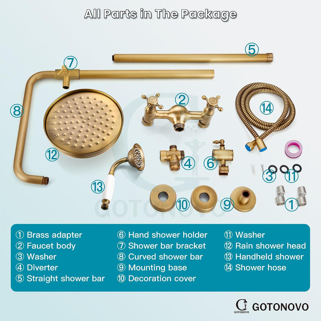 gotonovo Luxury Exposed Shower Faucet Set Bathroom Shower System 8 Inch Wall Mount Rainfall Shower Head with Handheld Spray Cross Double Handle Shower Fixture Adjustable Straight Rod Antique brass