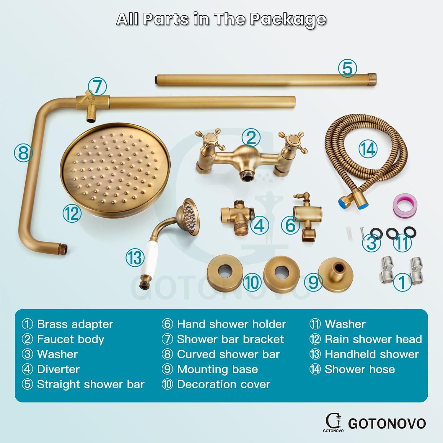 gotonovo Luxury Exposed Shower Faucet Set Bathroom Shower System 8 Inch Wall Mount Rainfall Shower Head with Handheld Spray Cross Double Handle Shower Fixture Adjustable Straight Rod Antique brass
