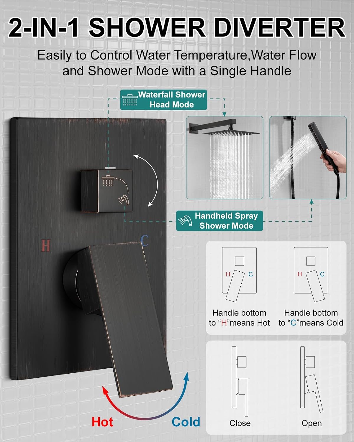Shower Faucet Set Rainfall Shower System with Square Showerhead and Handle Set Fixture with 2 in 1 Function Handheld Sprayer Wall Mounted Trim Repair Kit Rough-in Valve 10 Inch Oil Rubbed Bronze