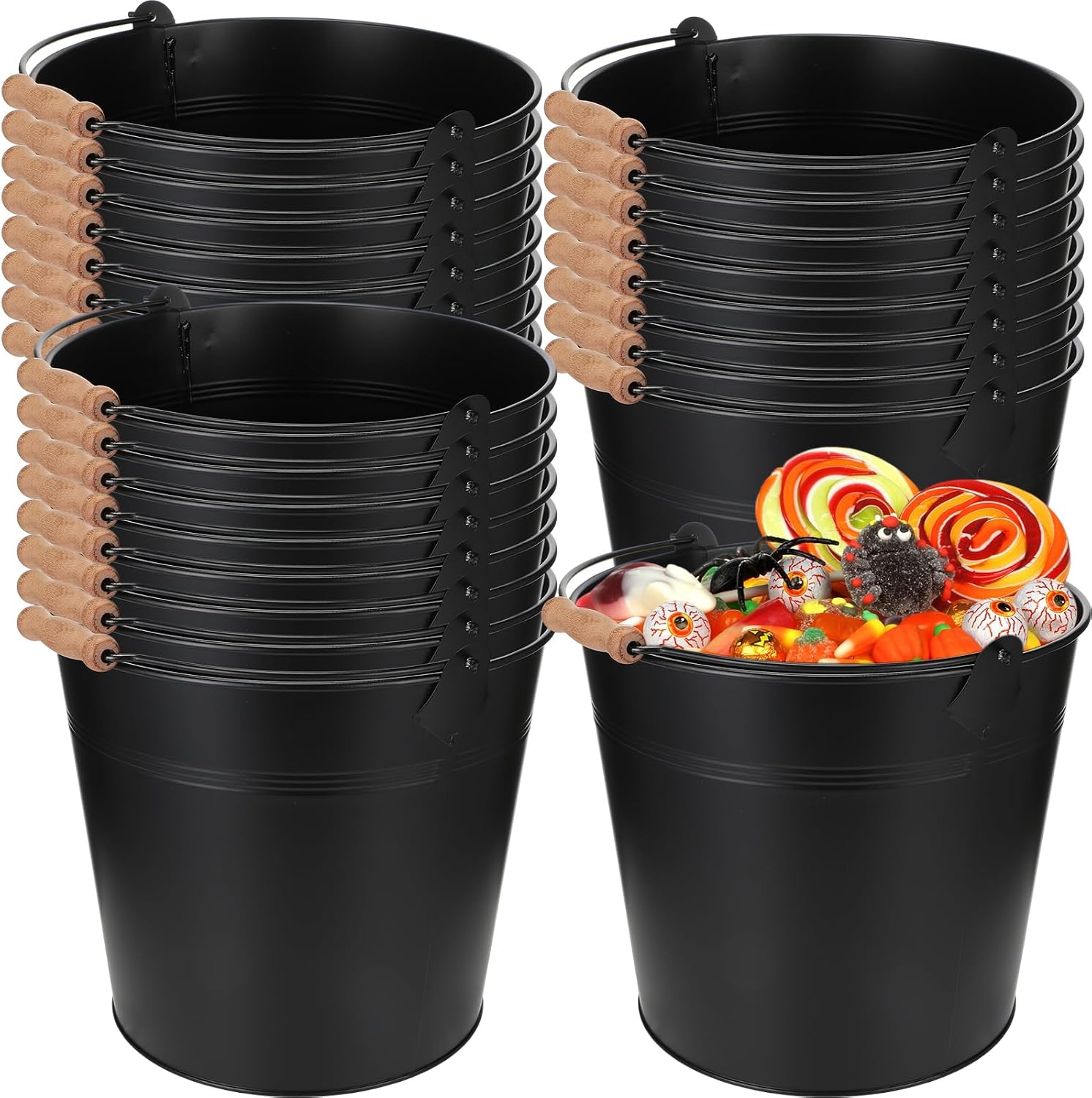 Didaey 24 Pcs 9 Quart Large Galvanized Metal Buckets with Handle Inch Heavy Duty Stainless Steel Pails Round Pail for Party Wedding, Crafts, Utensils, Table Centerpieces (Black)