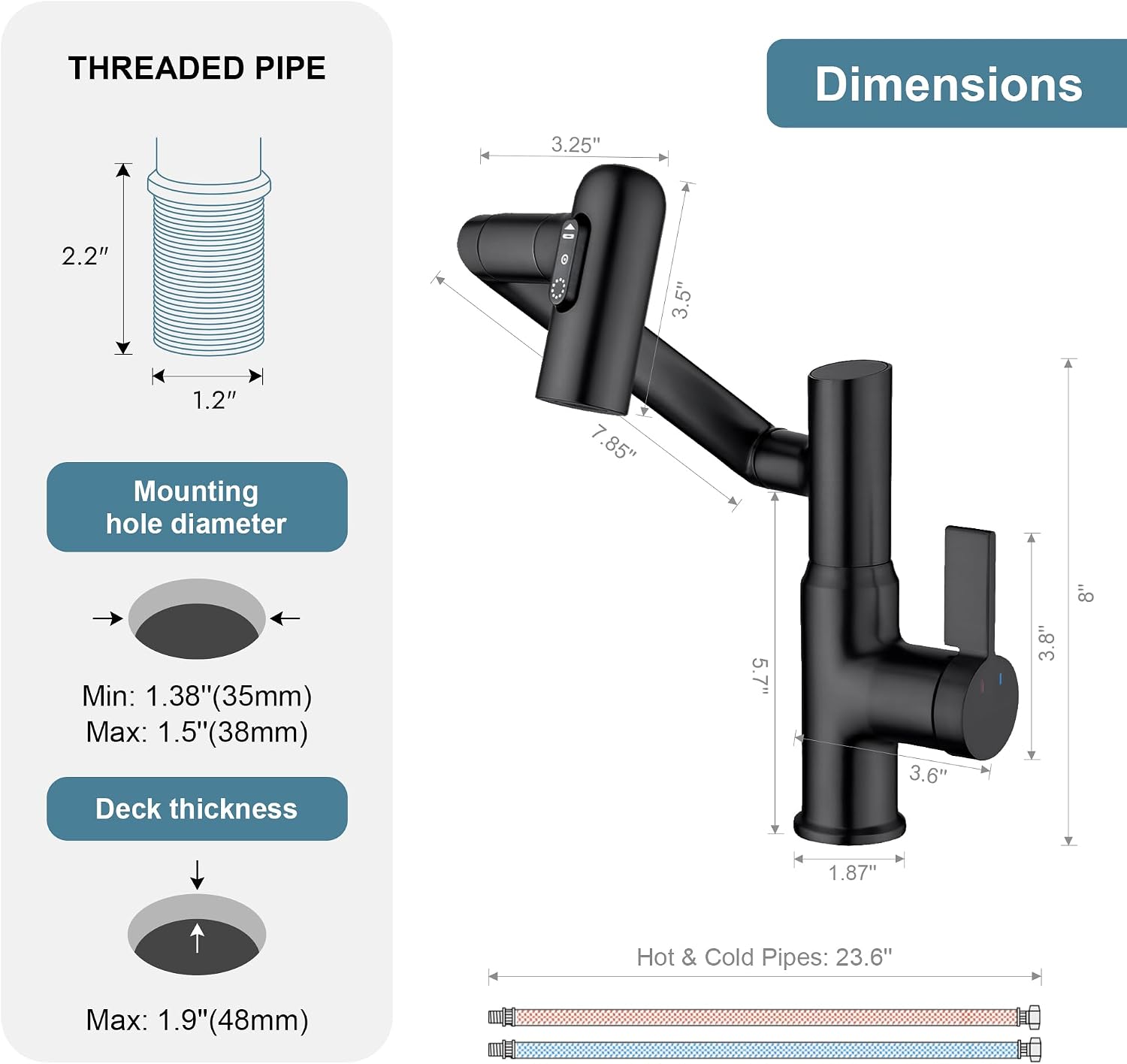 Lefton Rotatable Bathroom Faucet BF2204 with 6' Cover Plate FCP2202, Matte Black
