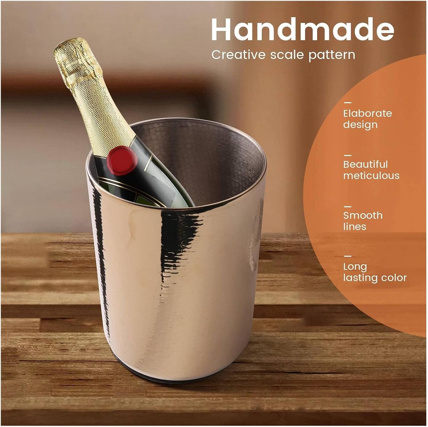 Stainless Steel Champagne Ice Bucket with Hammered Scale Design, Wine Cooler for KTV Bar Home Party, Gold Beer Bucket with Non-Slip Base