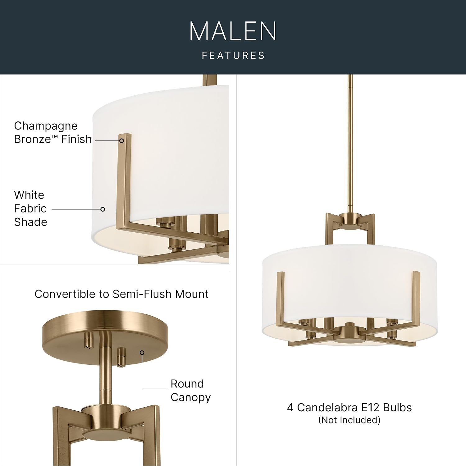 Kichler Malen 4-Light Semi Flush Mount Ceiling Light Fixture, Modern Convertible Semi-Flush or Pendant Light with Fabric Shade in Champagne Bronze, Bedroom or Hallway, (15' Dia x 14.25' H), 52591CPZ