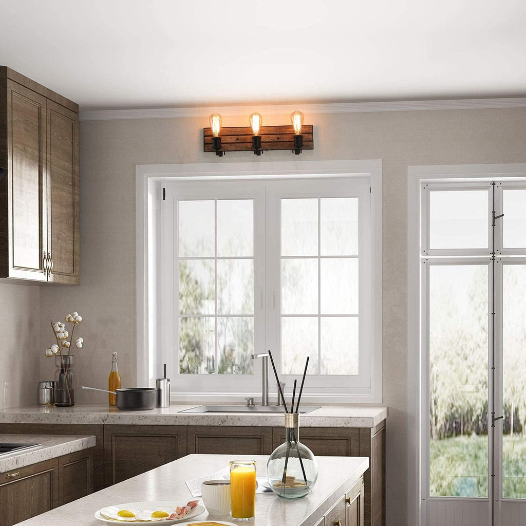 LOG BARN Vanity Lights, Bathroom Fixtures in Rustic Wood and Oil Rubbed Metal Finish, Farmhouse Wall Sconces with Adjustable Sockets Over Mirrors