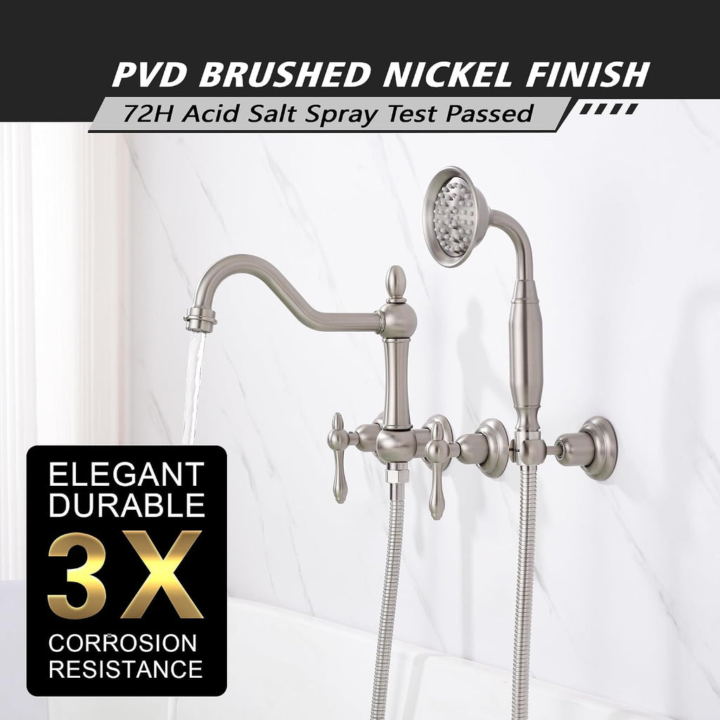 SUMERAIN Brushed Nickel Wall Mount Bathtub Faucet with Handheld Sprayer Traditional Tub Filler with Rough-in Valve