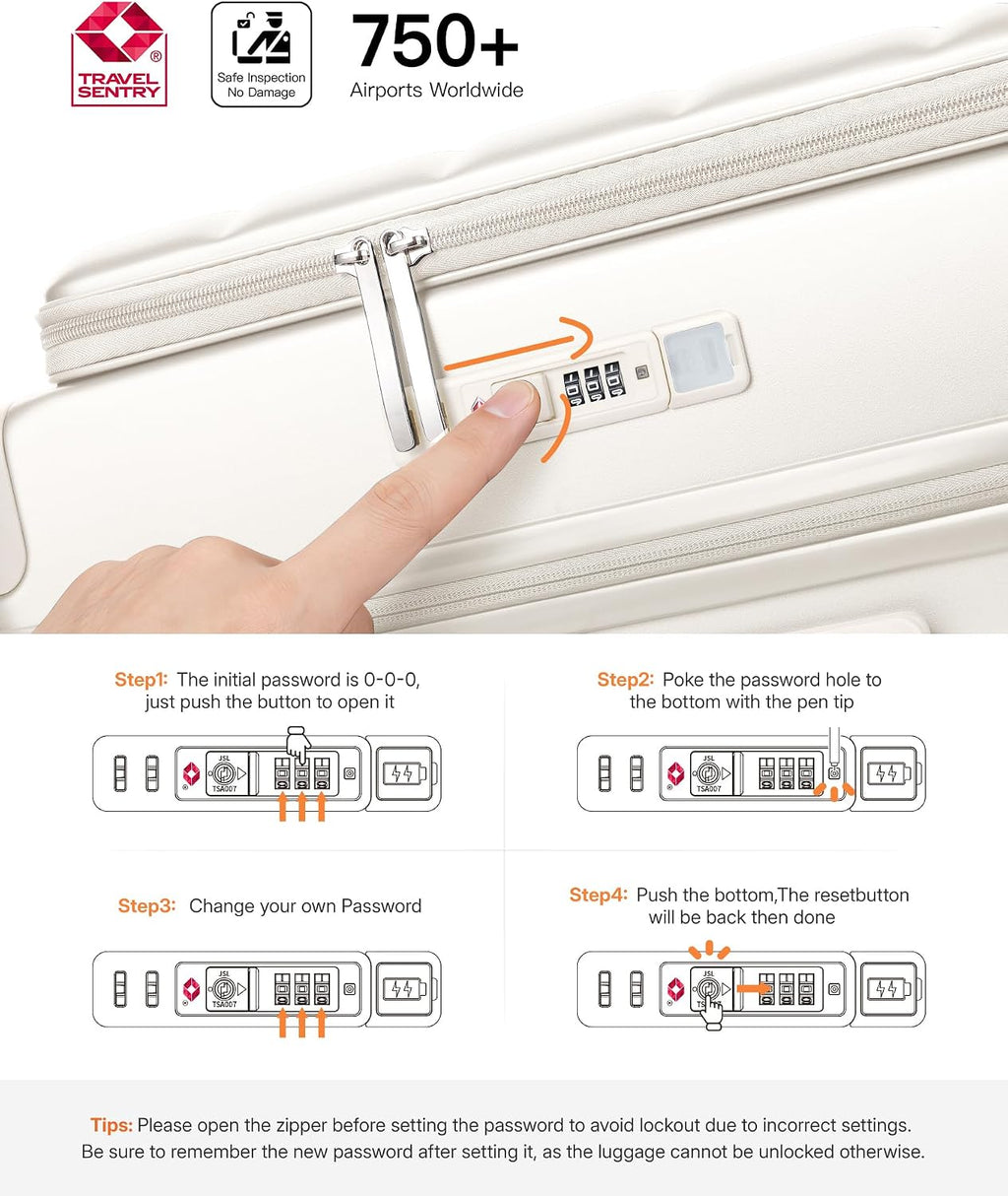 Expandable 20Inch Carry On Luggage Airline Approved - Top Opening Hardside Travel Suitcase Unbreakable -with Cup Holder,USB Charge,Side Pothook, 360°Spinner Wheels, TSA Lock-White