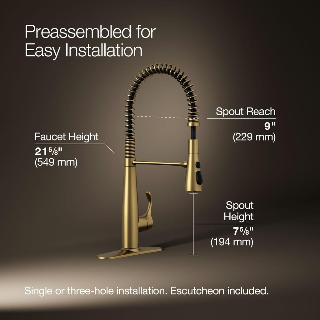 KOHLER 22033-2MB Simplice Kitchen Sink Faucet, Three Function Sprayhead, Vibrant Brushed Moderne Brass