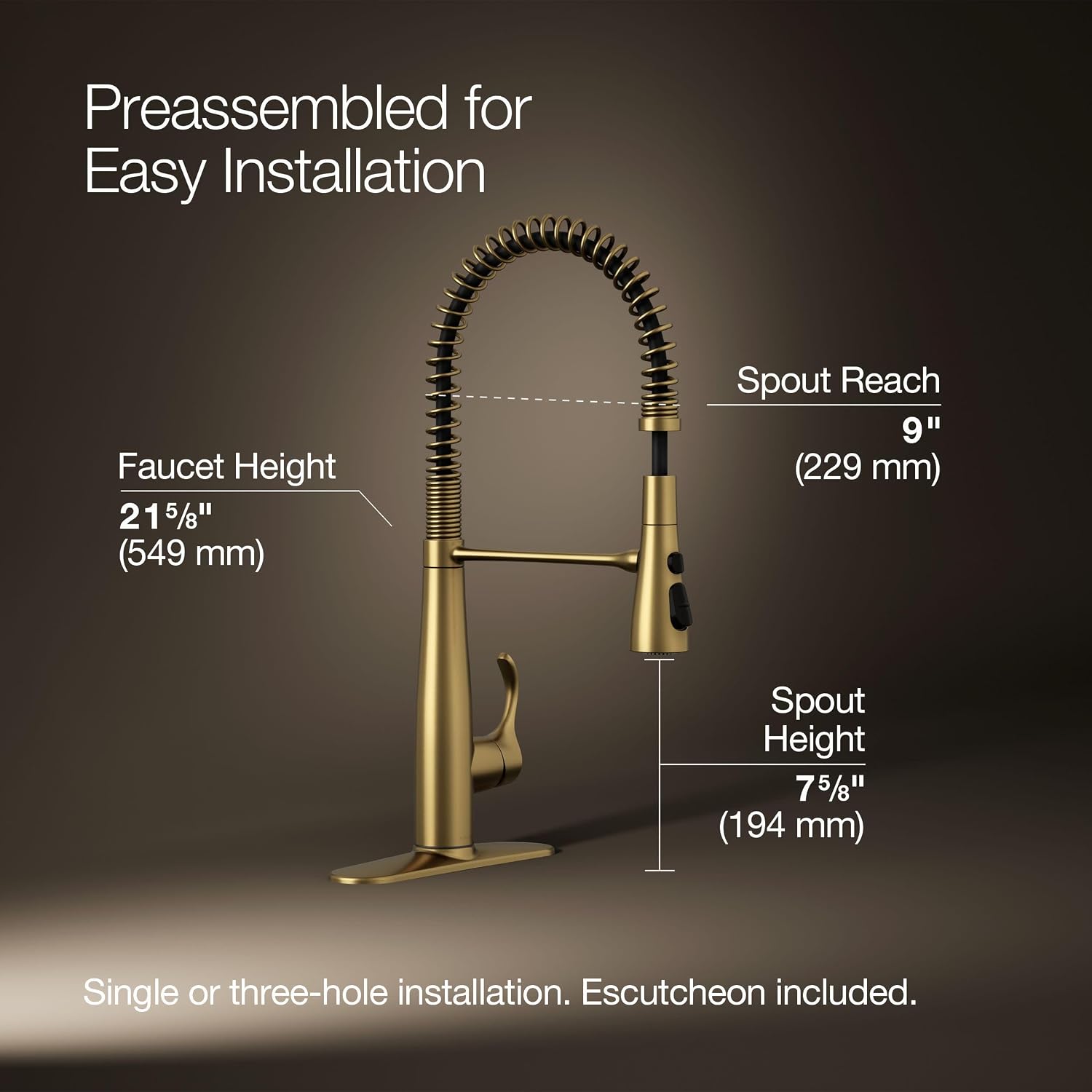 KOHLER 22033-2MB Simplice Kitchen Sink Faucet, Three Function Sprayhead, Vibrant Brushed Moderne Brass