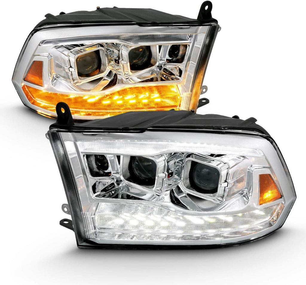 AmeriLite for 2009-2018 Dodge Ram Pickup [Quad/Projector Model] Dual Square Projector Switchback LED Tube Chrome Headlights Assembly Set - Passenger and Driver Side