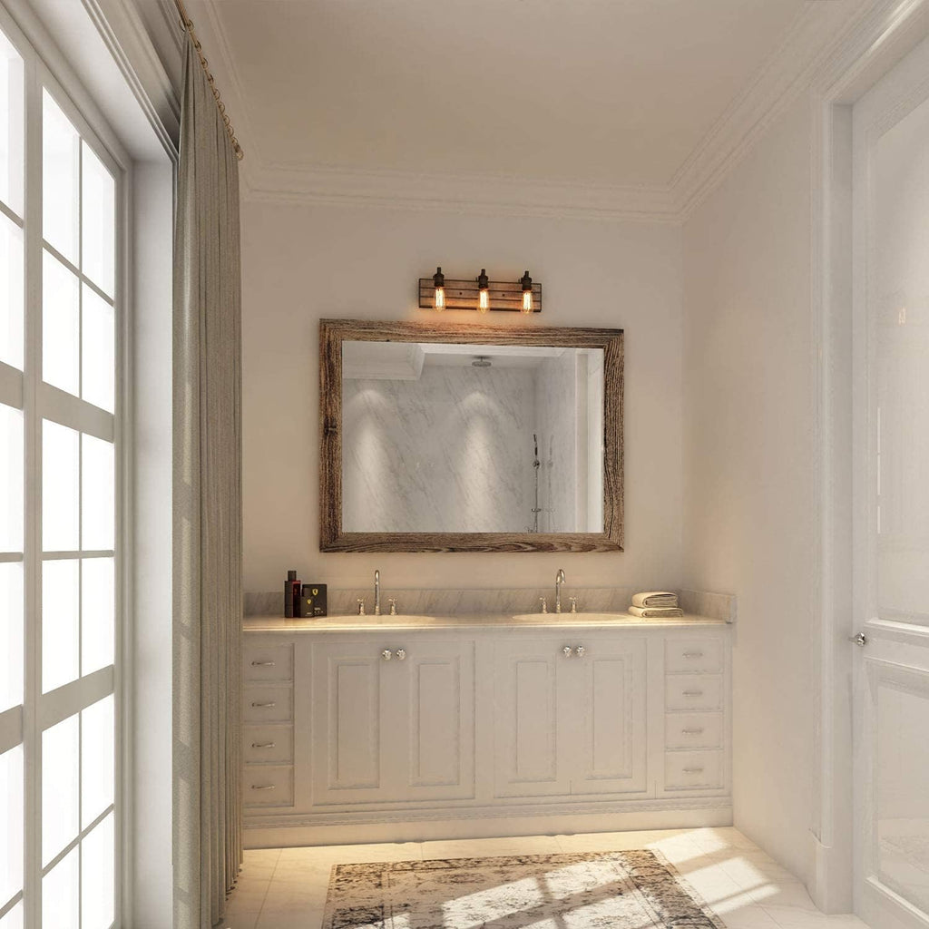 LOG BARN Vanity Lights, Bathroom Fixtures in Rustic Wood and Oil Rubbed Metal Finish, Farmhouse Wall Sconces with Adjustable Sockets Over Mirrors