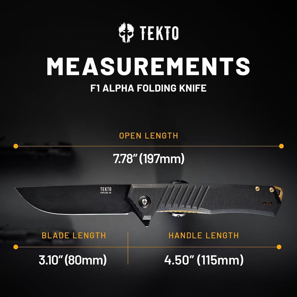 TEKTO F1 Alpha Folding Pocket Knife - Modified Straight Back Blade, Titanium Coated D2 Steel, Tactical Knife, EDC Folding Pocket Knives for Camping, Hunting & Backpacking - G10 Black, Bronze Accents