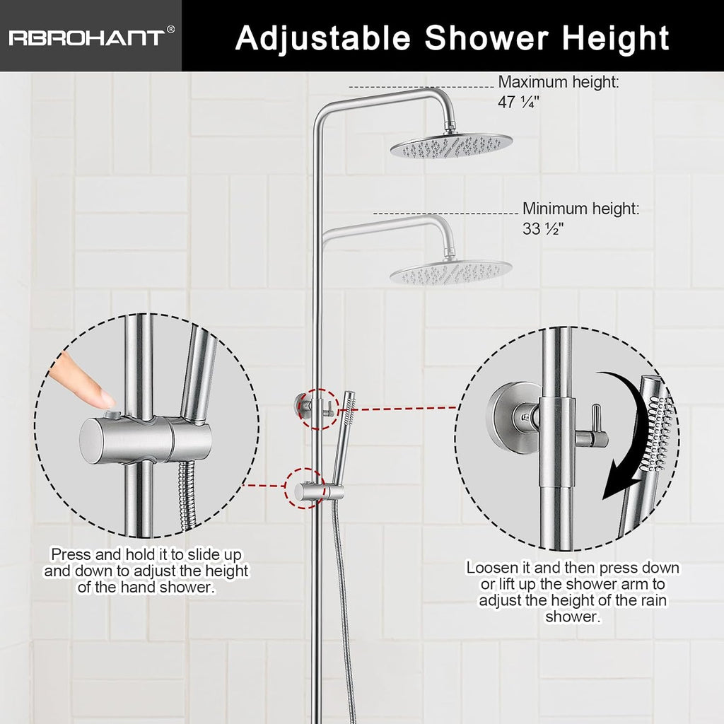 RBROHANT Exposed Shower System with Tub Spout, Brushed Nickel Exposed Pipe Shower Faucet with 3 Functions Brass Shower Valve, Shower Height Adjustable, Wall Mounted