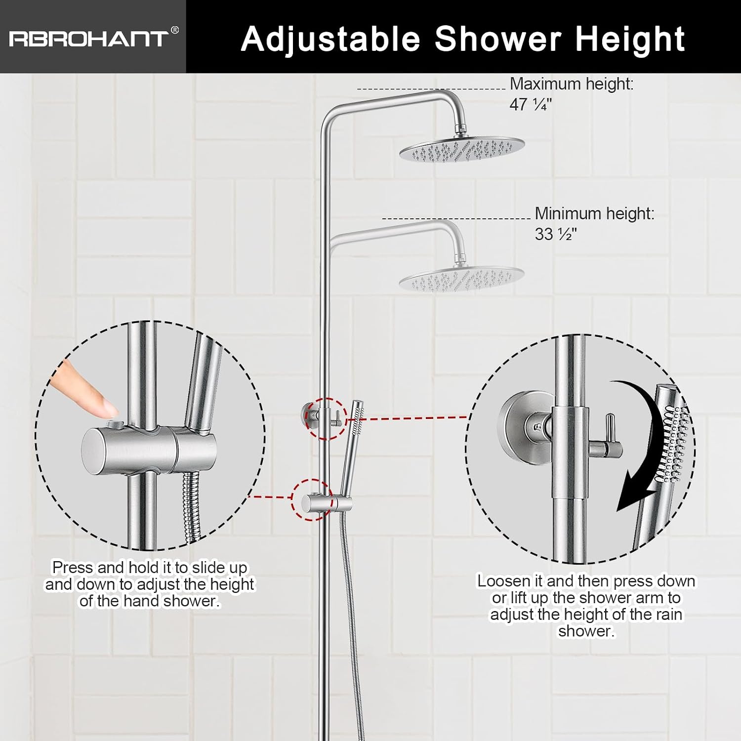 RBROHANT Exposed Shower System with Tub Spout, Brushed Nickel Exposed Pipe Shower Faucet with 3 Functions Brass Shower Valve, Shower Height Adjustable, Wall Mounted