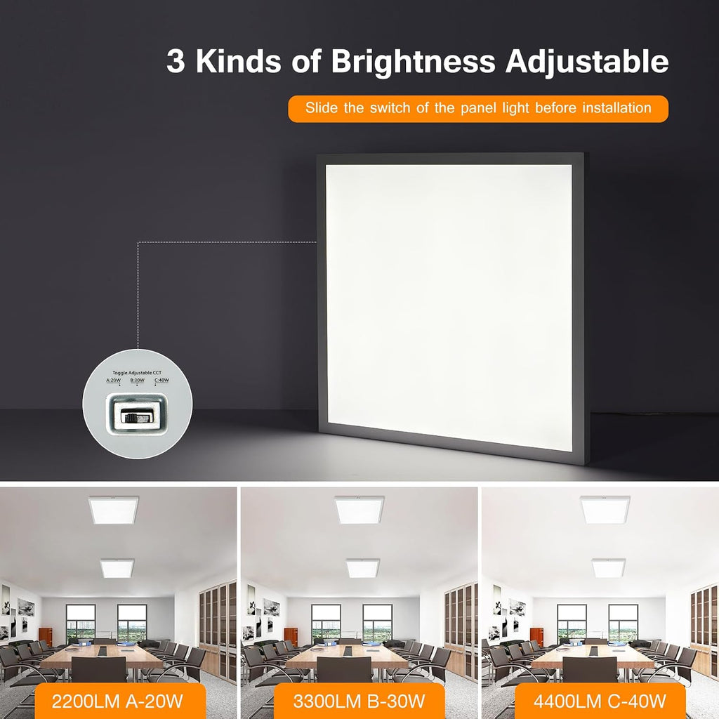 2x2 LED Flat Panel Light Surface Mount, 40W-30W-20W & 3000K-4000K-5000K Selectable, 0-10V Dimmable, 24 Inch Square Flush Mount Ceiling Fixture for Kitchen, Shop, 100-277V, ETL, 2 Pack,White