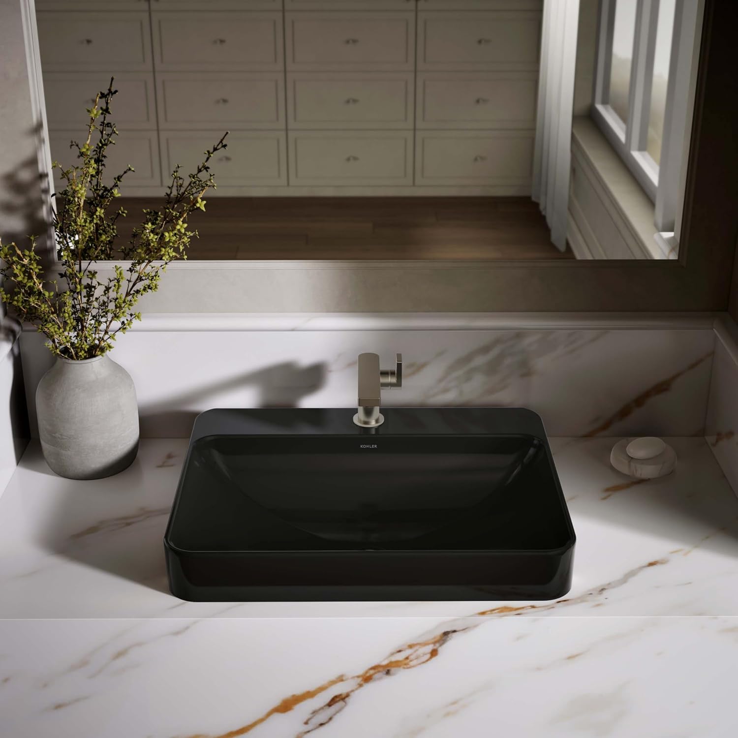 KOHLER K-2660-1-7 Vox Rectangle Vessel Above-Counter Bathroom Sink with Single Faucet Hole, Black Black