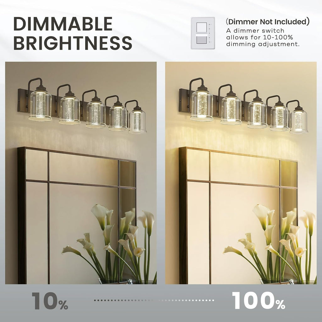 zeyu 25W LED Bathroom Lights, 5-Light Vanity Lighting Fixtures for Bathroom with 5 Color Modes, Oil Rubbed Bronze Finish with Crystal Bubble and Clear Glass, ZSL72B-5W LED ORB-1