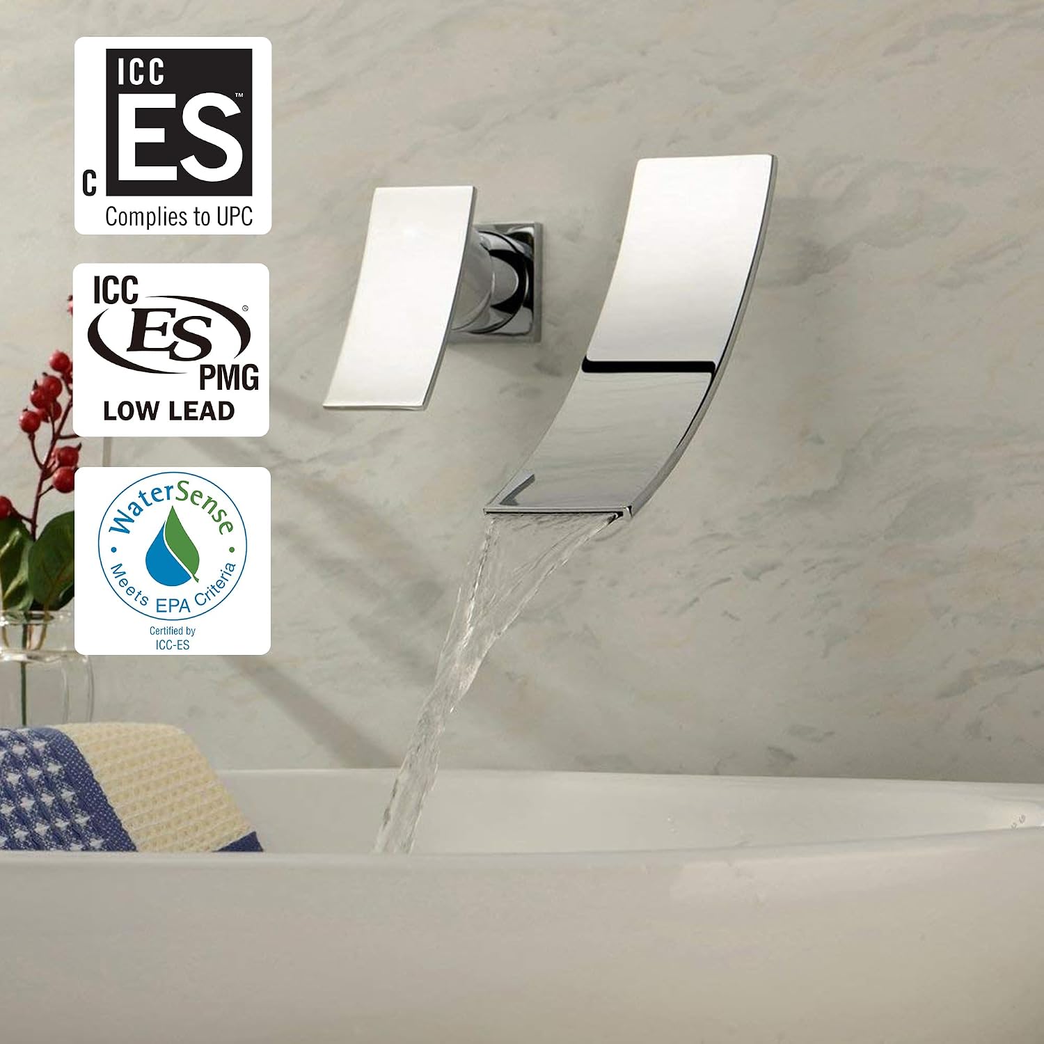 SUMERAIN Waterfall Bathroom Faucet with Single Left-Handed Handle | Wall Mount, For Bathroom Sink, Single Handle, WaterSense & Massachusetts Certified