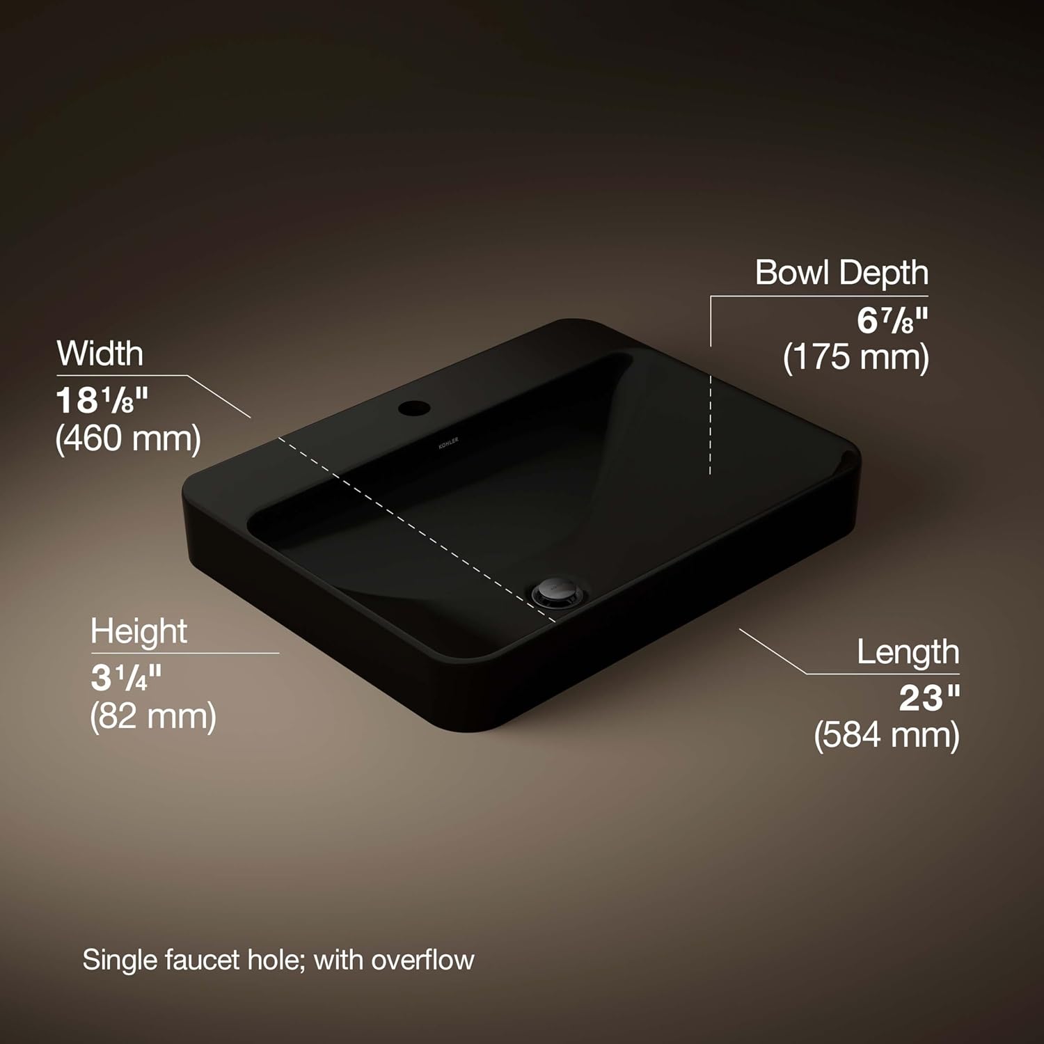 KOHLER K-2660-1-7 Vox Rectangle Vessel Above-Counter Bathroom Sink with Single Faucet Hole, Black Black