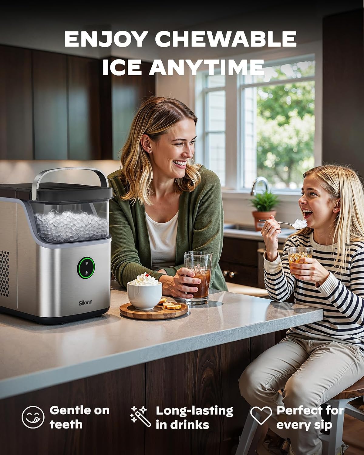 Silonn Nugget Ice Maker Countertop, Ice Basket with Handle, Quiet Operation & Self Cleaning Ice Machine, Chewable Ice, 33 lbs/24H, Portable Pellet Ice Maker with Scoop for Home, Kitchen and Office