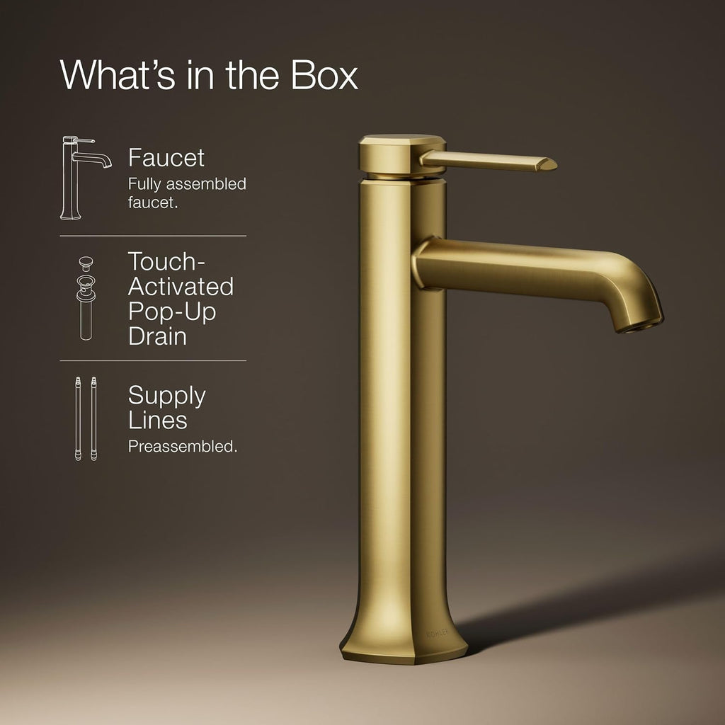 Kohler 27003-4-2MB Occasion® Tall Single-Handle Bathroom Sink Faucet, 1.2 gpm, Vibrant Brushed Moderne Brass