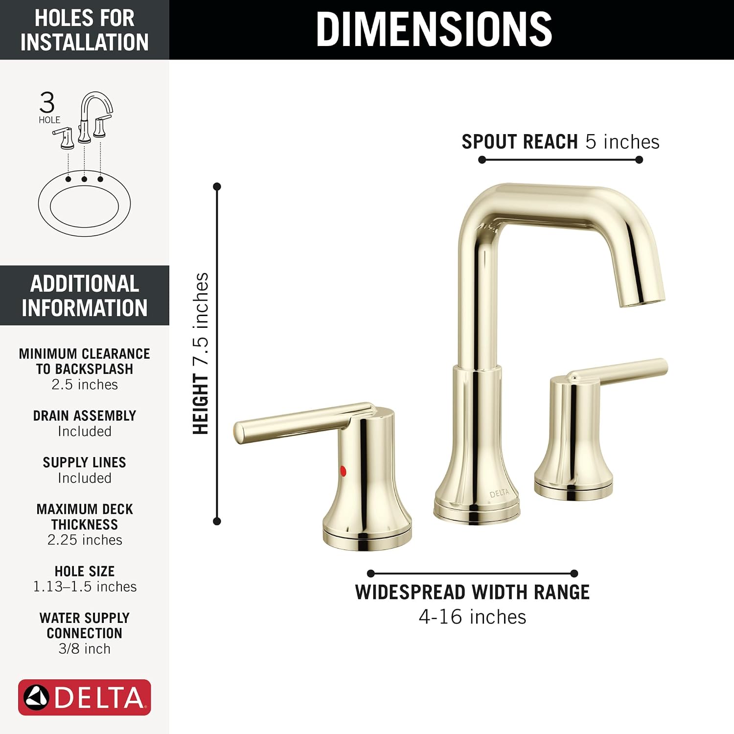 Delta Trinsic U-Spout Widespread Bathroom Faucet, Polished Nickel 3-Hole Bathroom Sink Faucet, Metal Push-Pop Drain Assembly, Polished Nickel 3554-PNMPU-DST