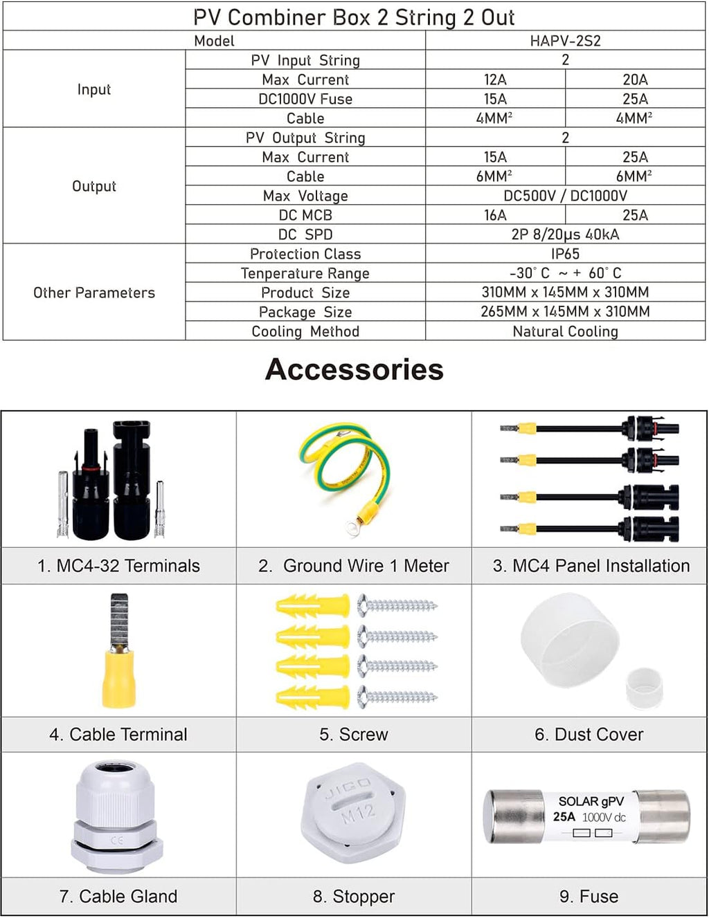DIHOOL PV Solar Combiner Box for Solar Panels 2 String 25 Amp Junction Box DC500V 25A 2 in 2 Out