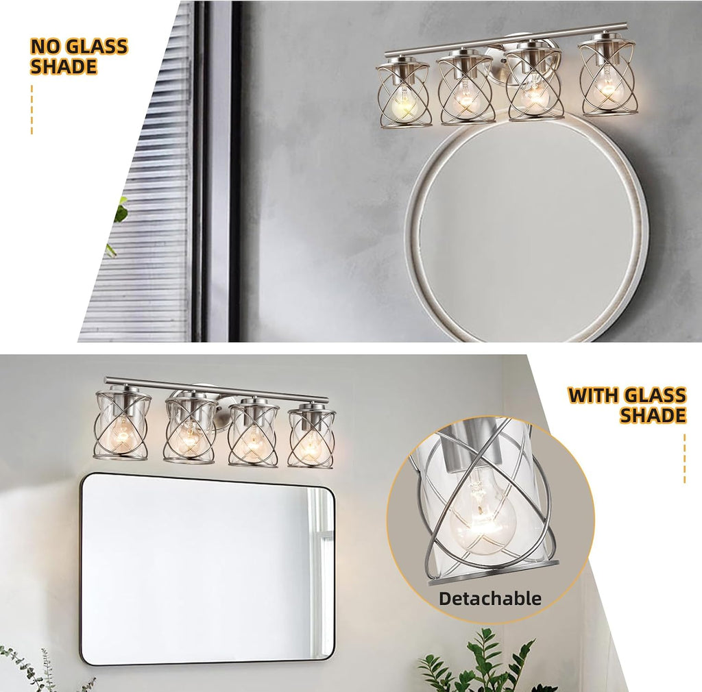 mavcadonf 4-Lights Bathroom Vanity Lights, Bathroom Light Fixtures Over Mirror, Brushed Nickel Vanity Light, Farmhouse Wall Lights with Clear Glass Shade, Bathroom Wall Lamp for Mirror Kitchen Bedroom