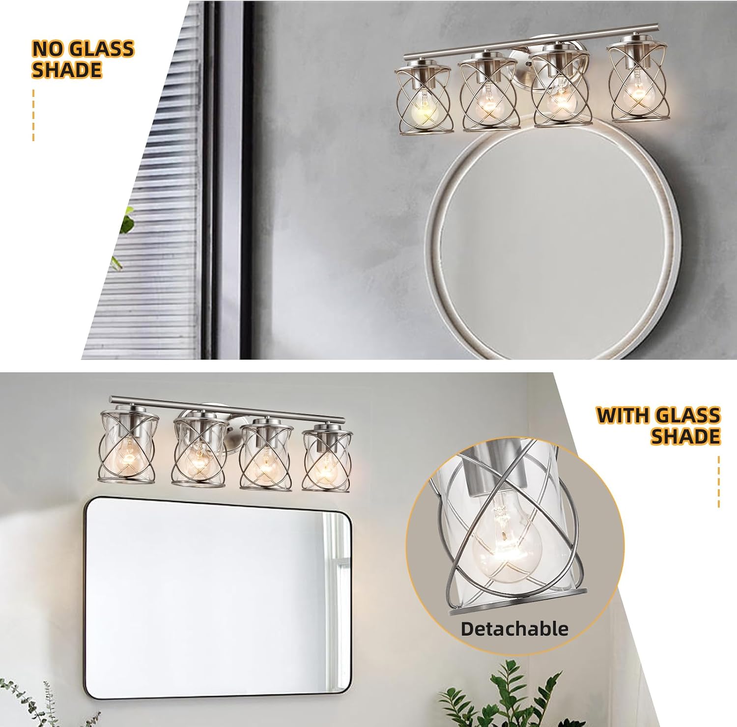 mavcadonf 4-Lights Bathroom Vanity Lights, Bathroom Light Fixtures Over Mirror, Brushed Nickel Vanity Light, Farmhouse Wall Lights with Clear Glass Shade, Bathroom Wall Lamp for Mirror Kitchen Bedroom