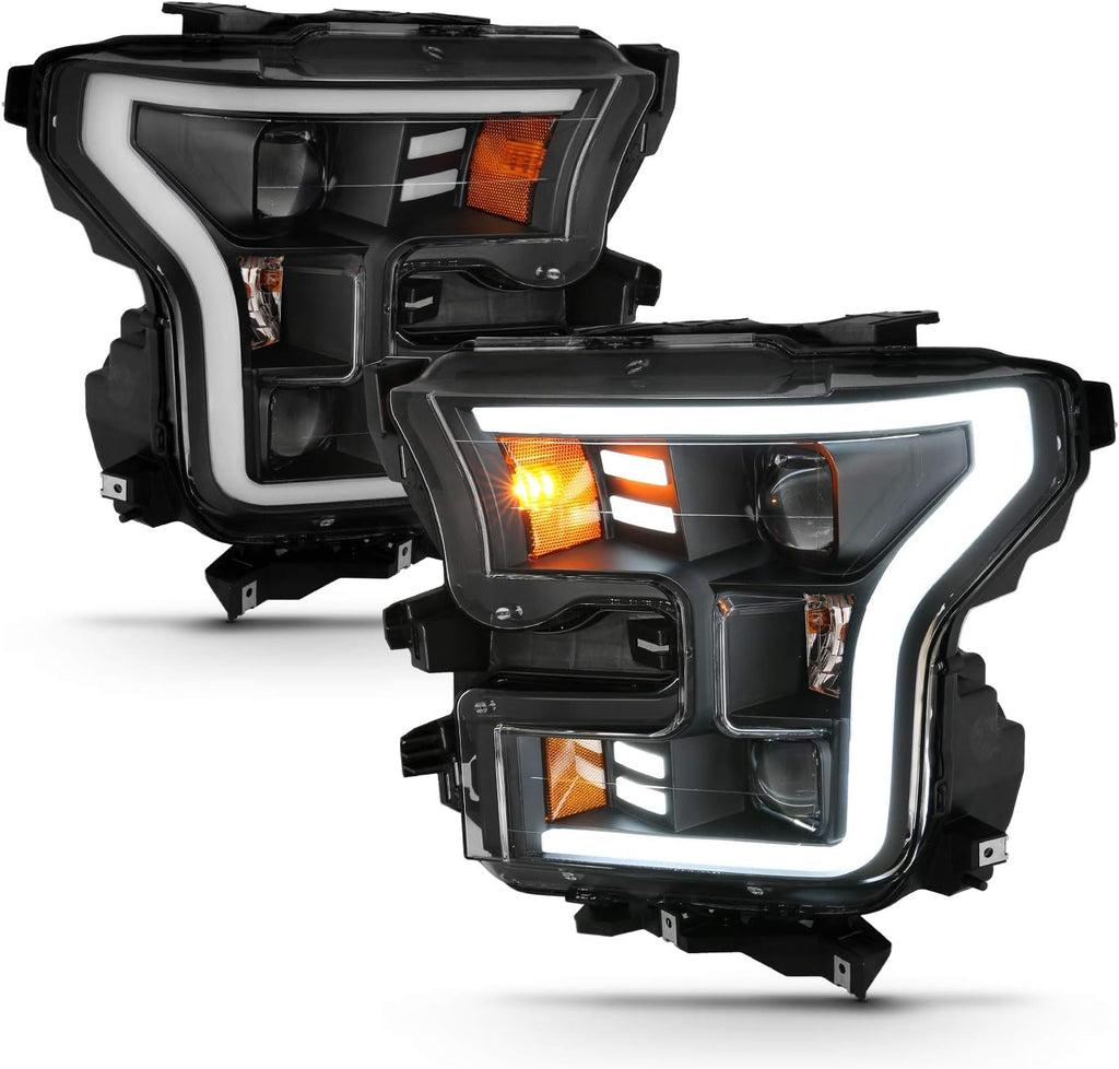 AmeriLite For 2015-2017 Ford F150 Pickup [Halogen Type] Black LED Tube Parking Light Bar Dual Square Projector Headlights Set - Driver and Passenger Side