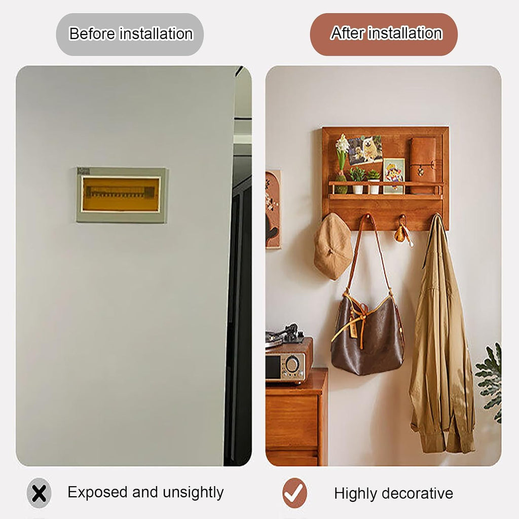 Wooden Breaker Box Cover Decorative with Hook, Circuit Electrical Panel Protective Lid, Hide Electric Meter Box Cover for Office Kitchens Cafes(Brown,49 * 59cm/19.3 * 23.2in)
