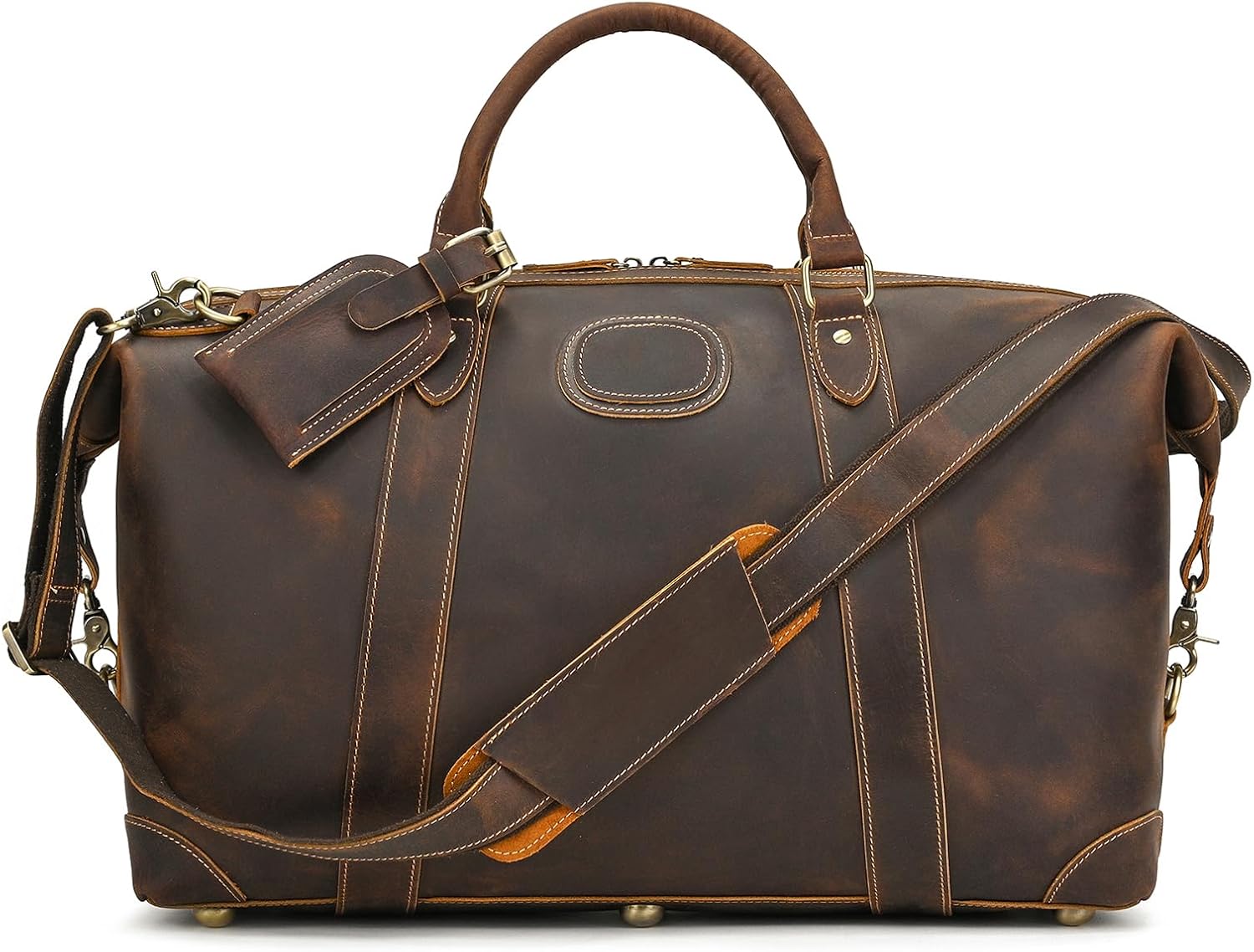 LUUFAN Full-grain Genuine Leather Travel Bag Large Capacity Luggage Duffel Bag for Men Shoulder Handbag Holiday Business Trip Bag, Brown