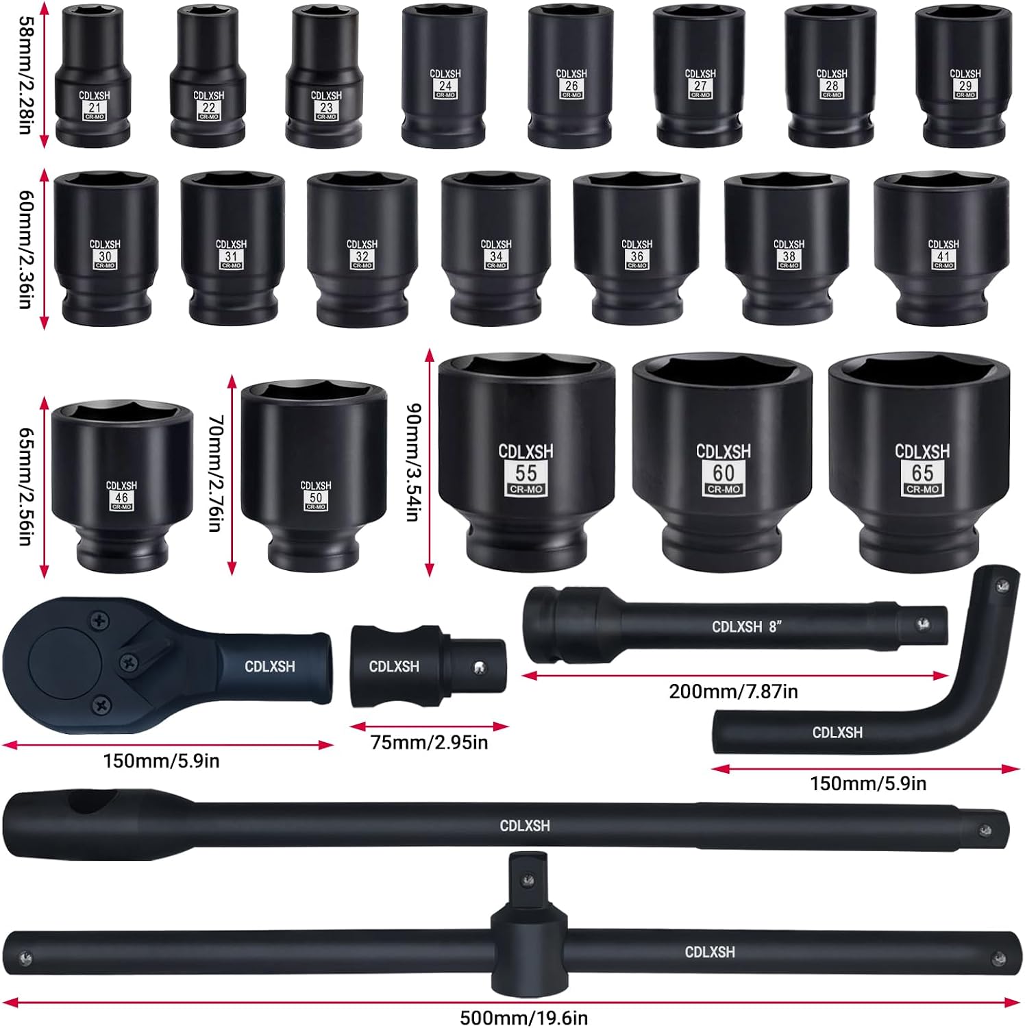 3/4' and 1' Impact Socket Set, Standard 6 Point Metric Deep Drive Sockets 21-50 mm and 55-65 mm, Cr-Mo Steel, 26Pcs Heavy Duty Large Socket Set with Ratchet Wrench, T Sliding Bar and Dedicated Case