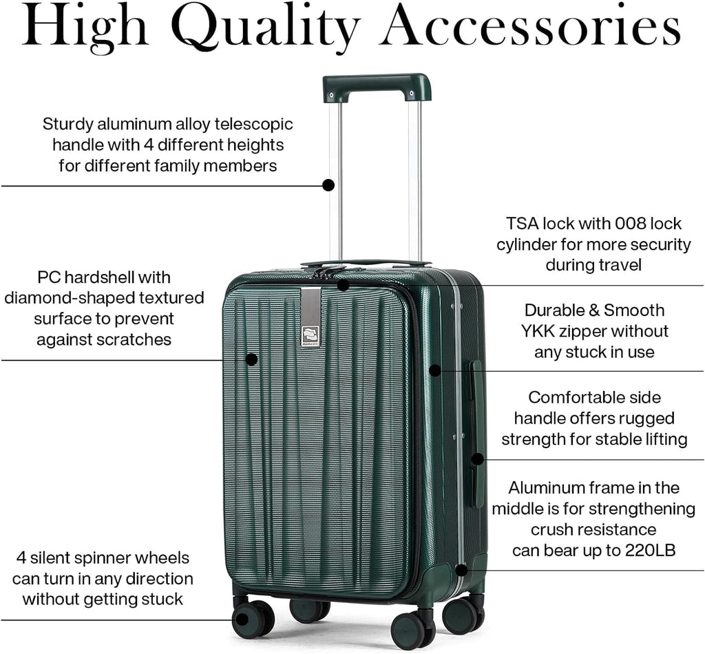 Hanke 20 Inch Carry On Luggage Aluminum Frame Front Opening Rolling Suitcase PC Hard Sided Luggage with Spinner Wheels Travel Luggage for Woman Men Gifts.(Dark Green)