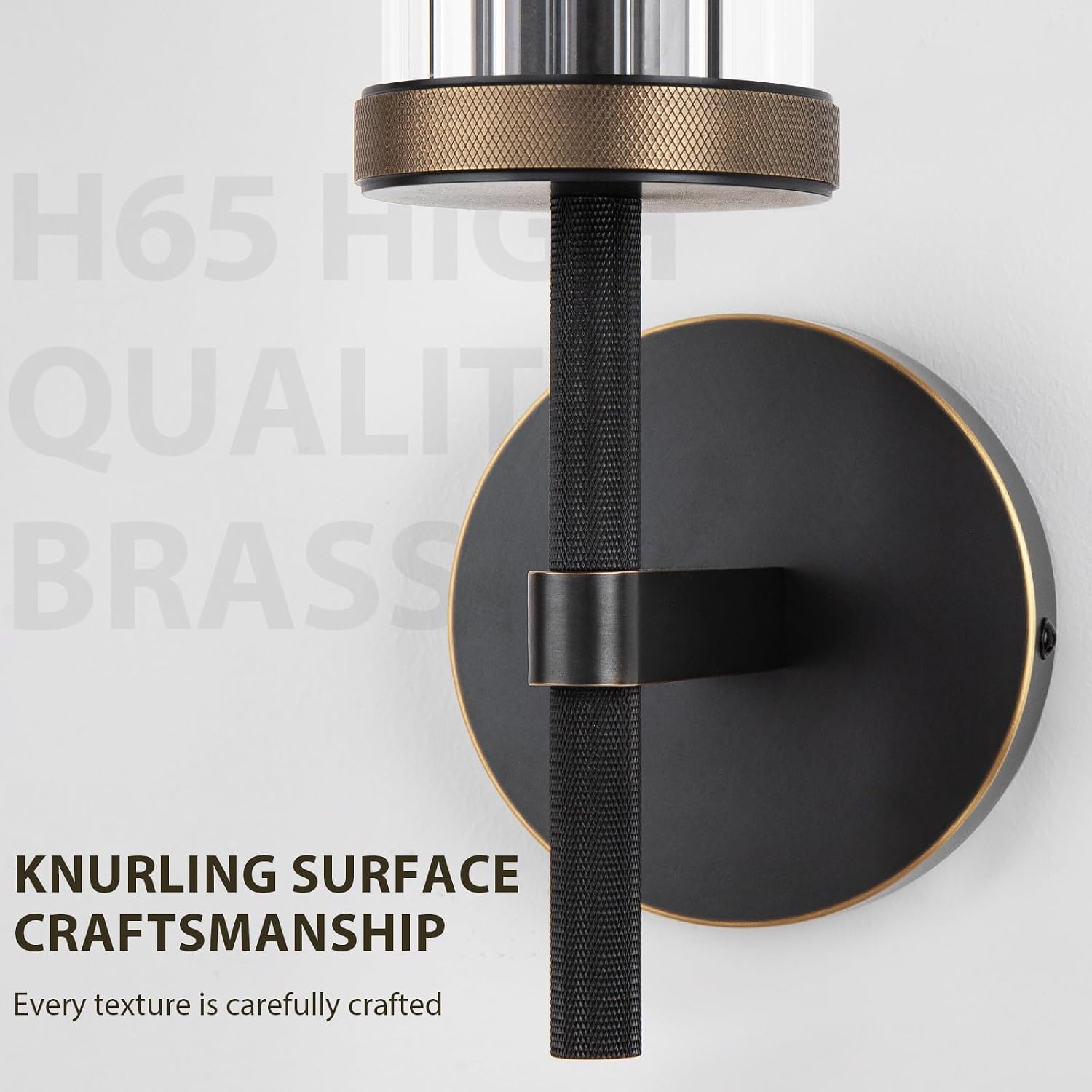 15' Knurled Brass Wall Sconce with Vertical Striped Glass Tube, Black Gold Bathroom Vanity Light Fixtures, Modern Lamp Lighting for Bedroom, Living Room, Hallway, Staircase, Mirror, Kitchen