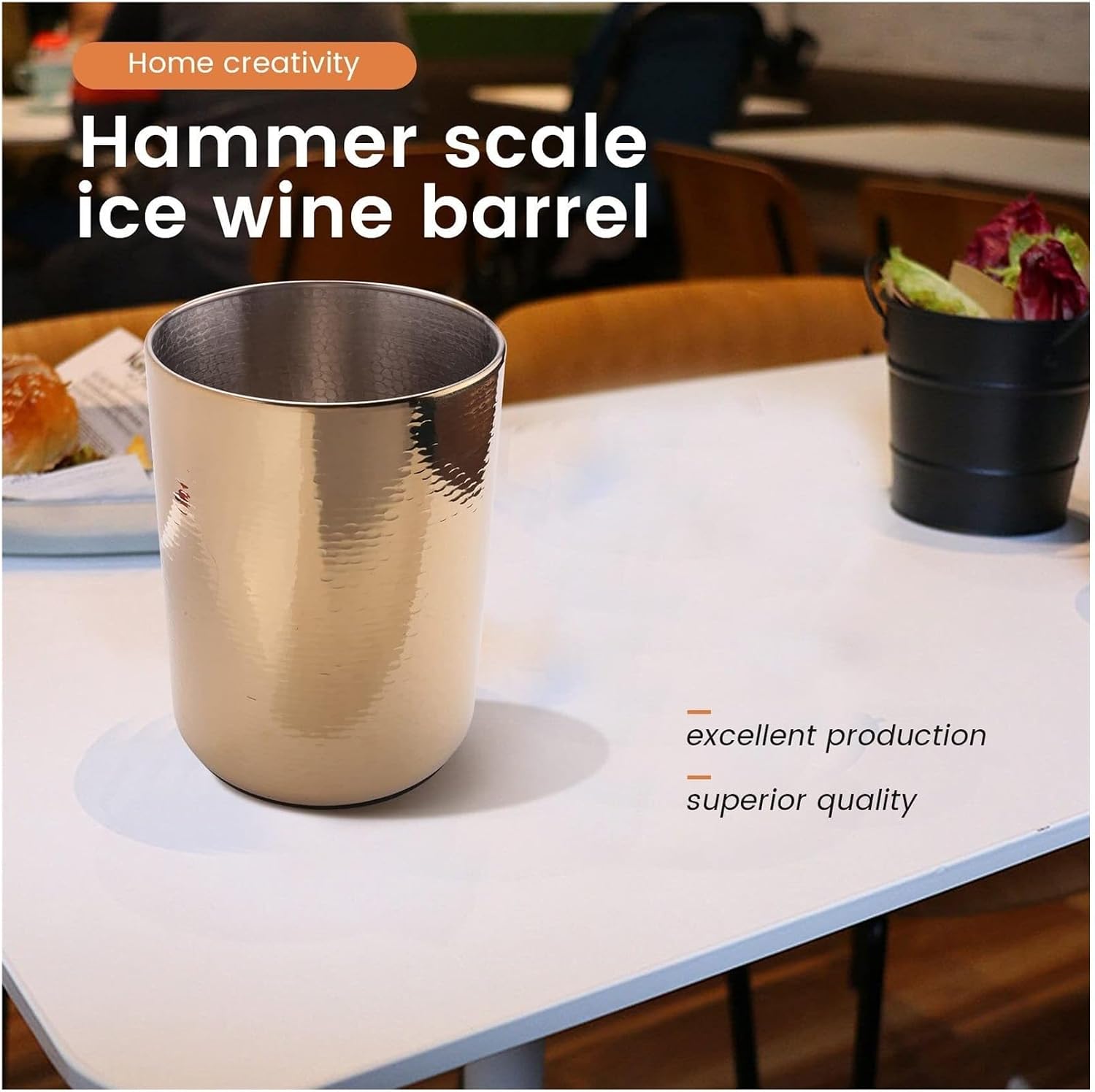 Stainless Steel Champagne Ice Bucket with Hammered Scale Design, Wine Cooler for KTV Bar Home Party, Gold Beer Bucket with Non-Slip Base