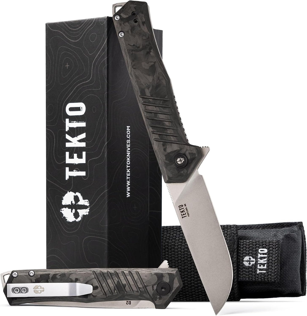 TEKTO F1 Alpha Folding Pocket Knife - Modified Straight Back Blade, Titanium Coated D2 Steel, Tactical Knife, EDC Folding Pocket Knives for Camping & Hunting - Forged Carbon, Silver Titanium Accents